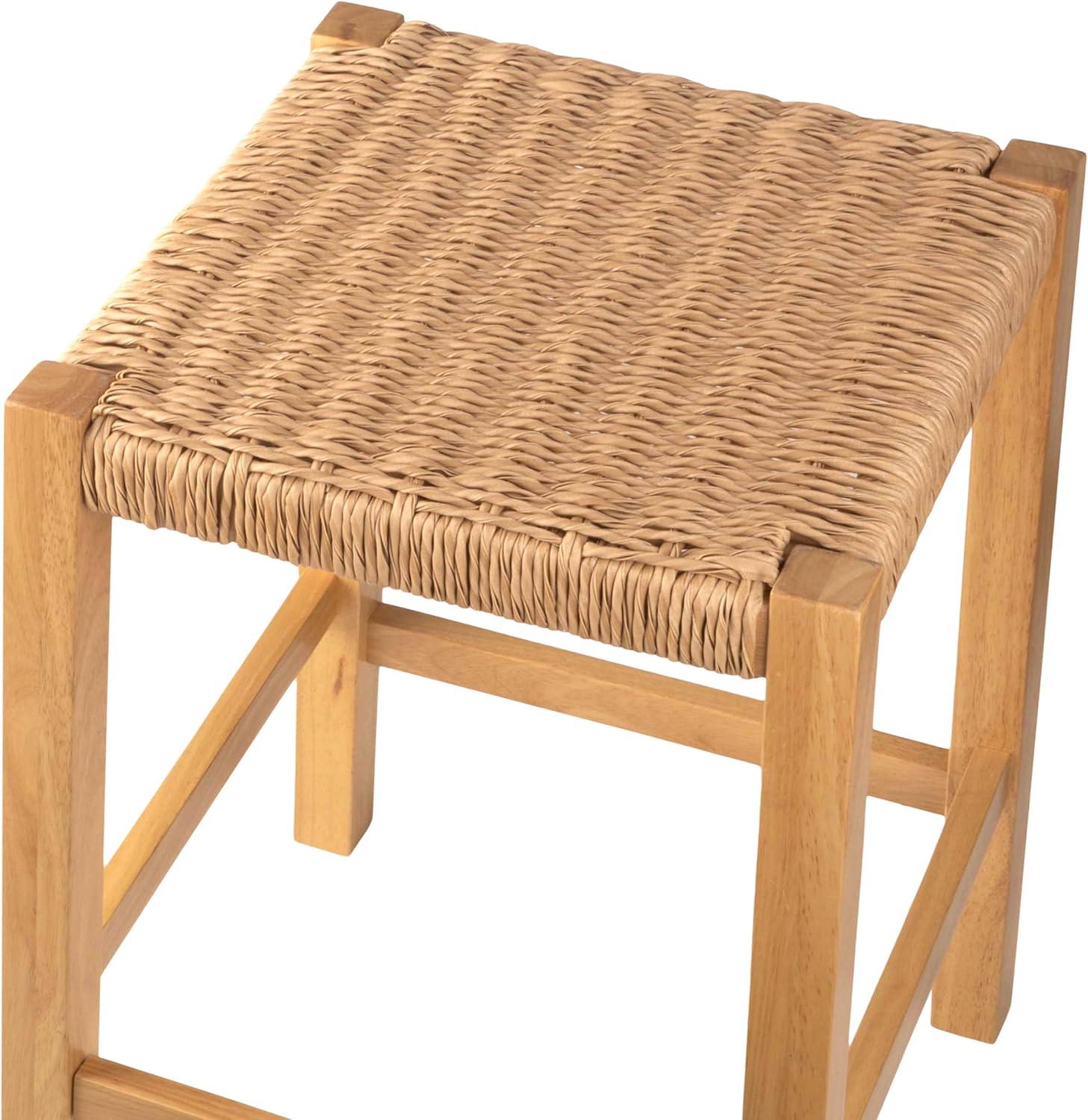 Natural Wood Backless Counter Stool with Woven Seagrass Seat