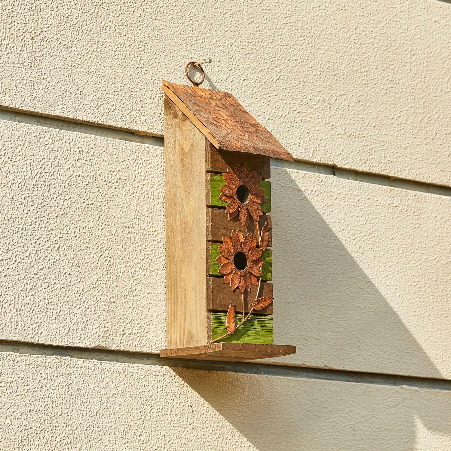 Rustic Two-Tiered Wooden Birdhouse with Metal Flowers