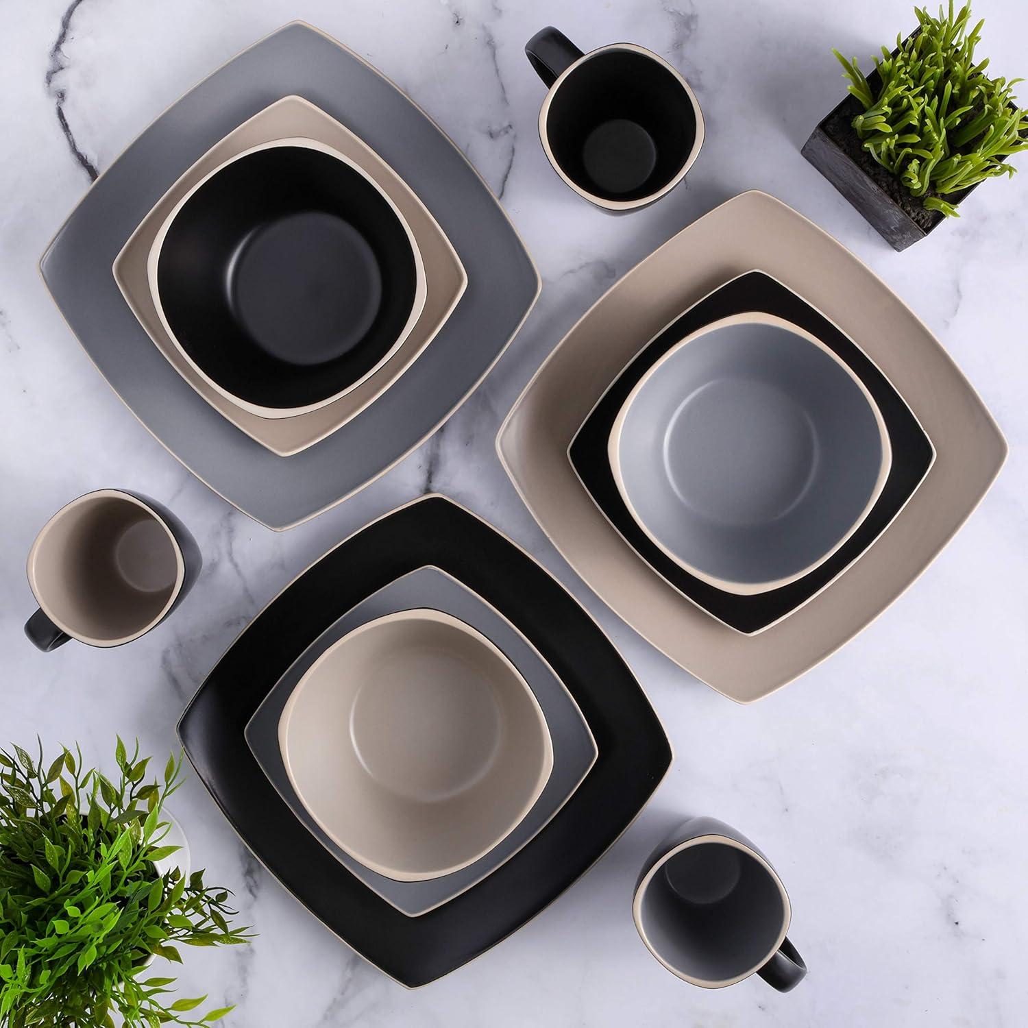 Gibson Soho Lounge Square 16-Piece Matte Stoneware Dinnerware Set Matte Grey