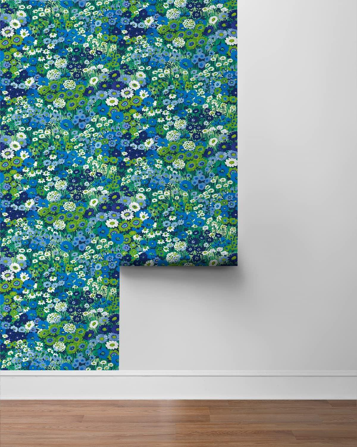 Bright Blue and Sap Green Floral Peel and Stick Wallpaper