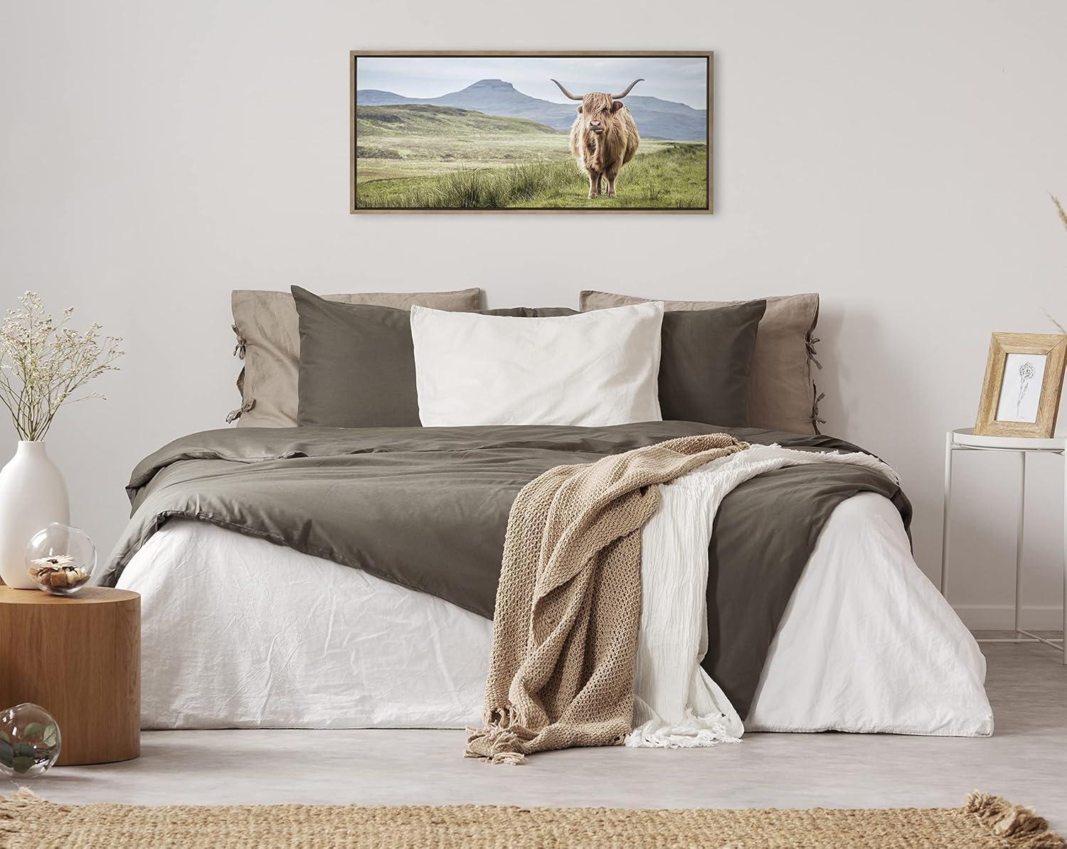 Highland Cow Mountain Landscape Gold Framed Canvas Art, 18x40