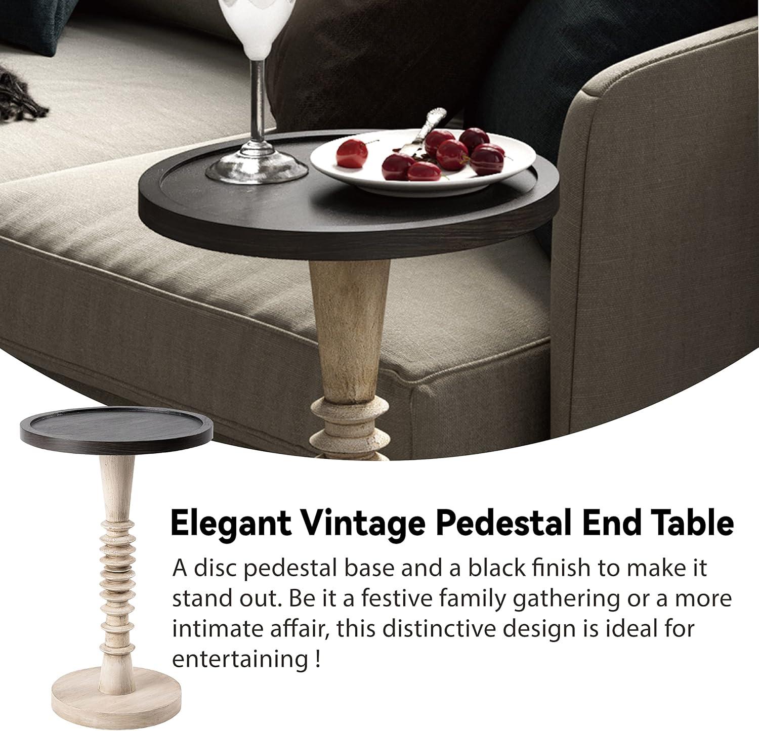 STKT Pedestal Small Drinking Table, Farmhouse Round Tray Top End Table, Black&White