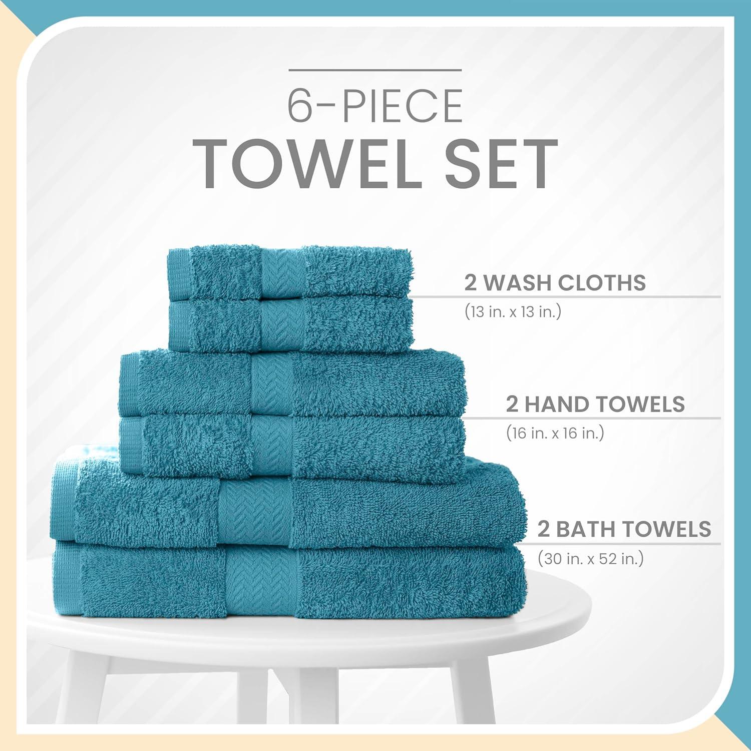 Martex 6 Piece Luxury Cotton Towel Set, 2 Bath Towels, 2 Hand Towels, 2 Washcloths 500 GSM 100% Ring Spun Cotton Highly Absorbent Soft Towels for Bathroom For Everyday Use, Hotel & Spa