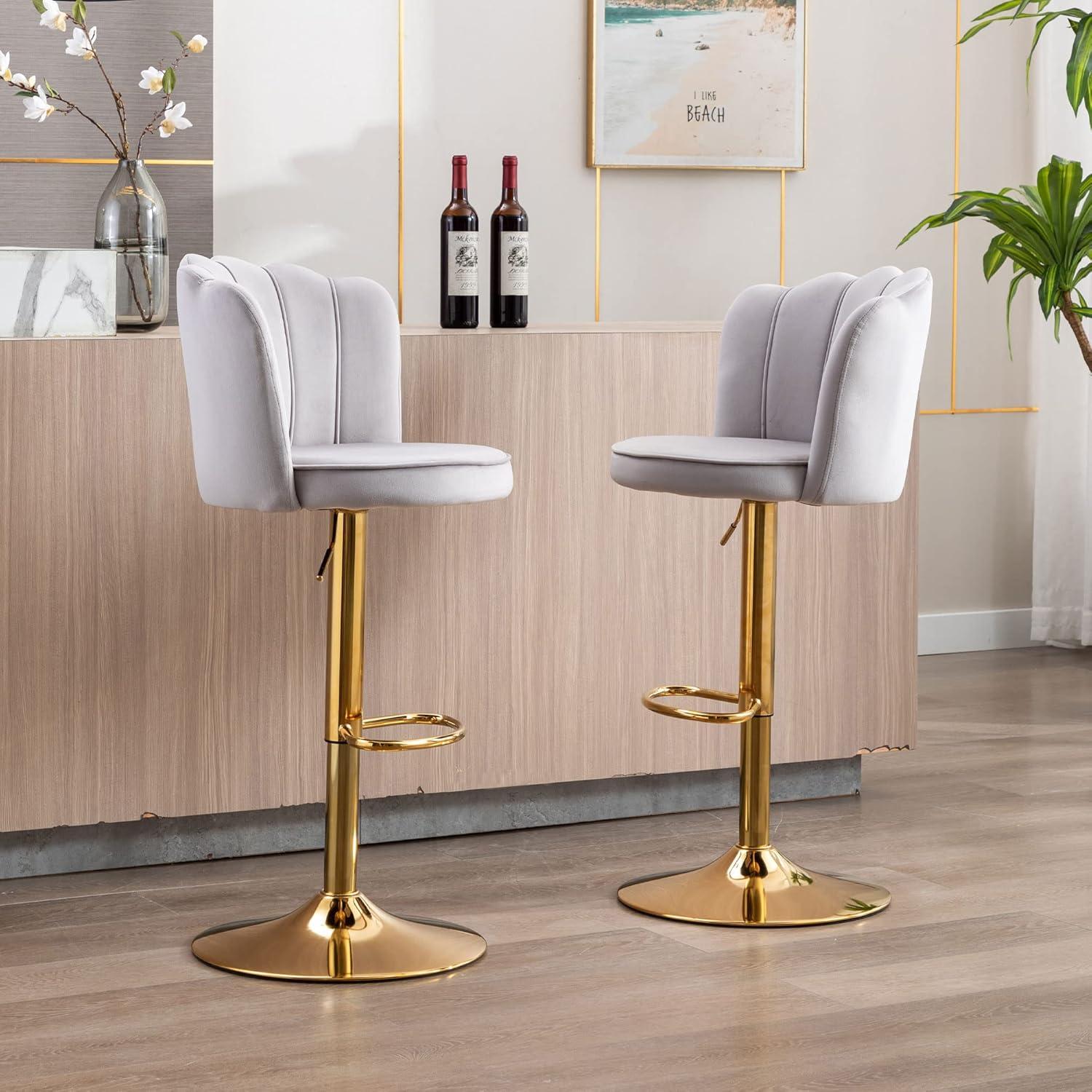 Gray Velvet Adjustable Swivel Bar Stools with Gold Base, Set of 2