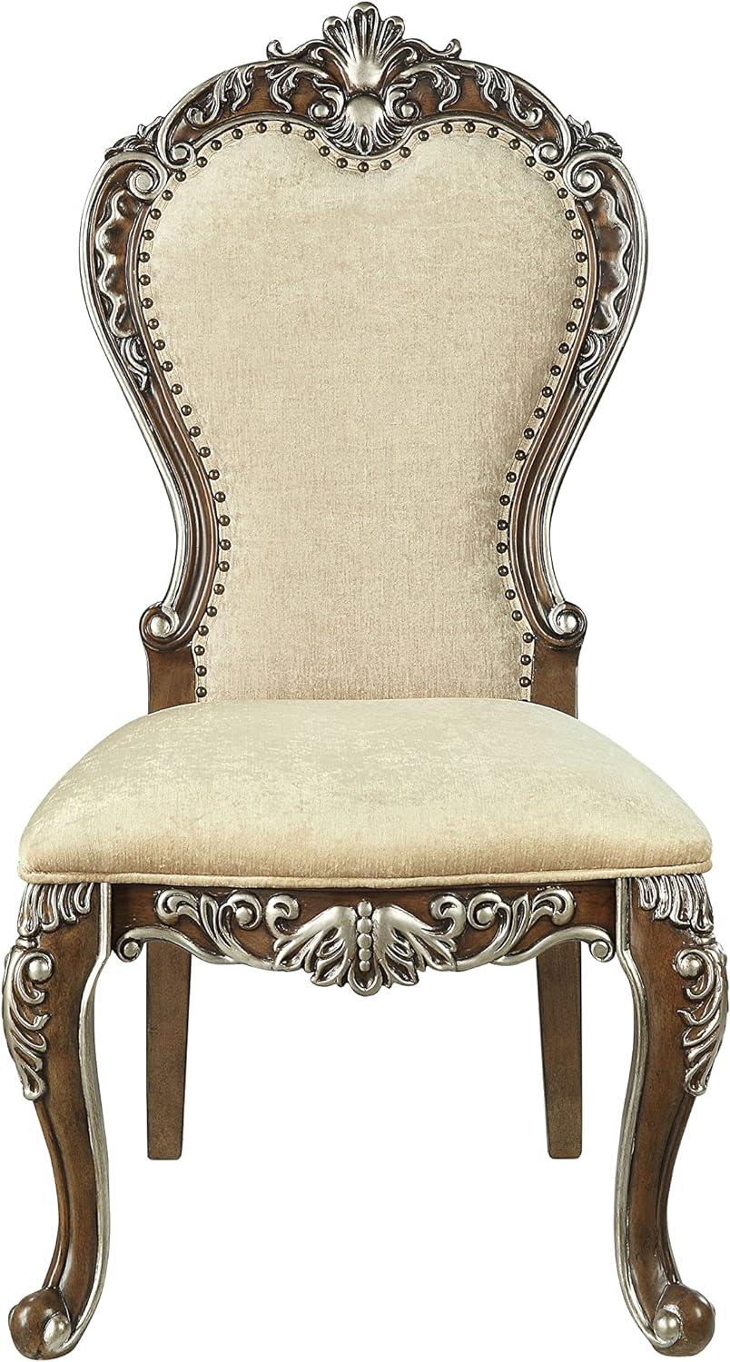 Antique Oak and Gray Chenille Upholstered Side Chair with Nailhead Trim