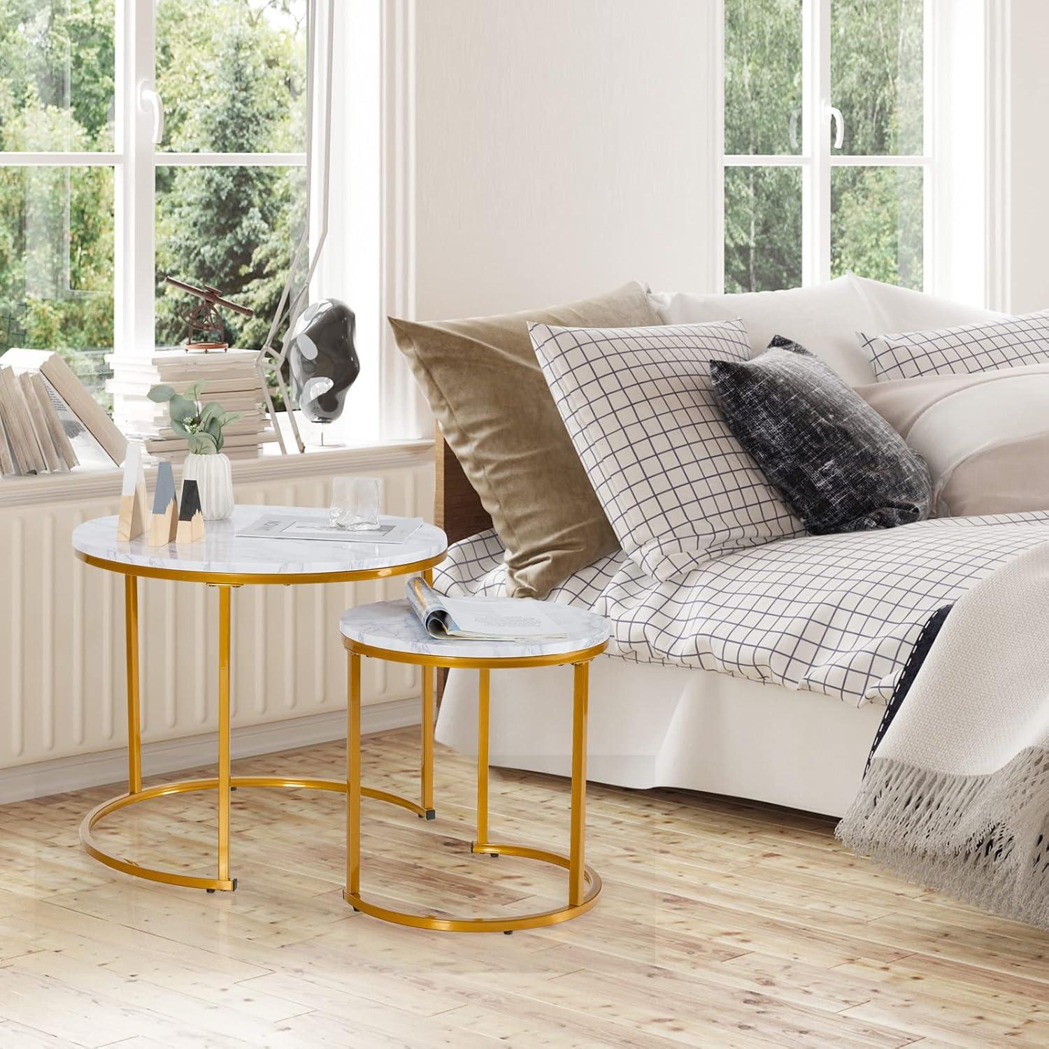 Costway Nesting Coffee Table Set of 2 for Balcony Living Room Modern Round Side Tables Rustic Brown