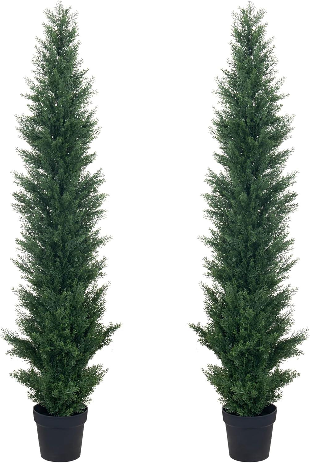 Artificial Cedar Tree 5FT Artificial Cedar Topiary Trees for Outdoors Potted Fake Cypress Trees Faux Evergreen Plants for Home Porch Decor Set of 2