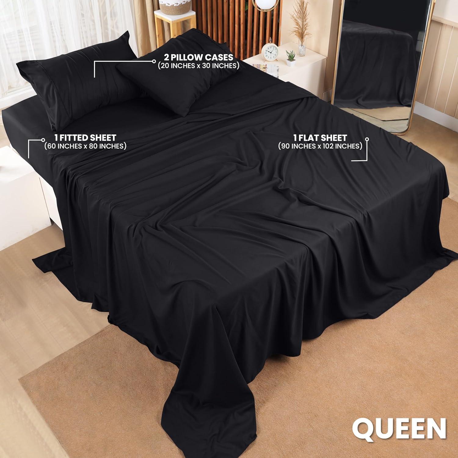 Yumcute Bedding Queen Bed Sheets Set - 4 Piece Bedding - Brushed Microfiber - Shrinkage and Fade Resistant - Easy Care (Queen, Black)