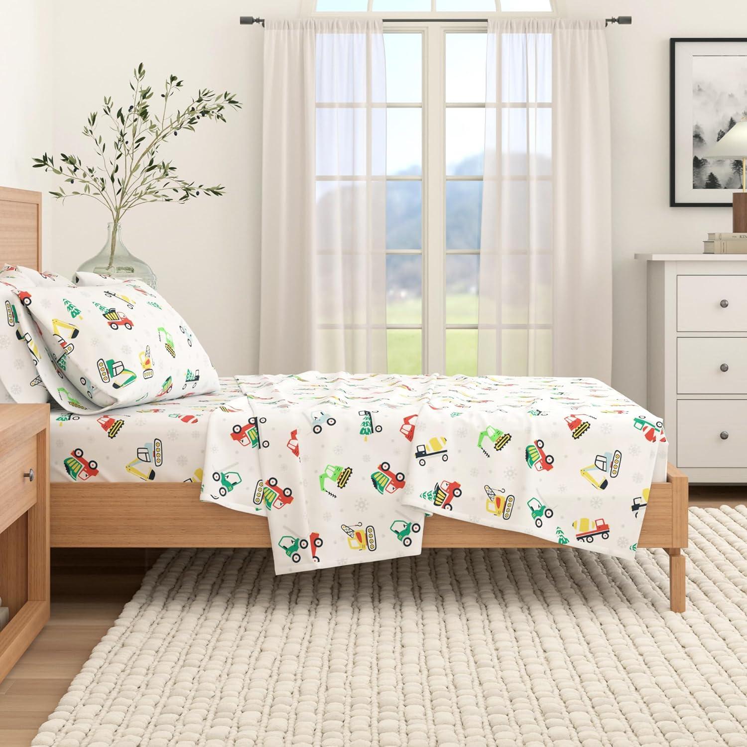 100% Cotton Christmas Flannel Sheets - Great Bay Home (Twin, Christmas Toy Trucks)