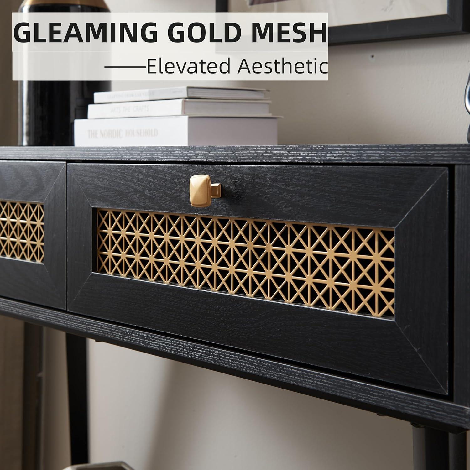 JYED Mid Century Modern Console Table with Gold Accent - 66" Entryway Table with Drawers, Faceted Taper Legs & Ventilated Storage for Hallway (Black)