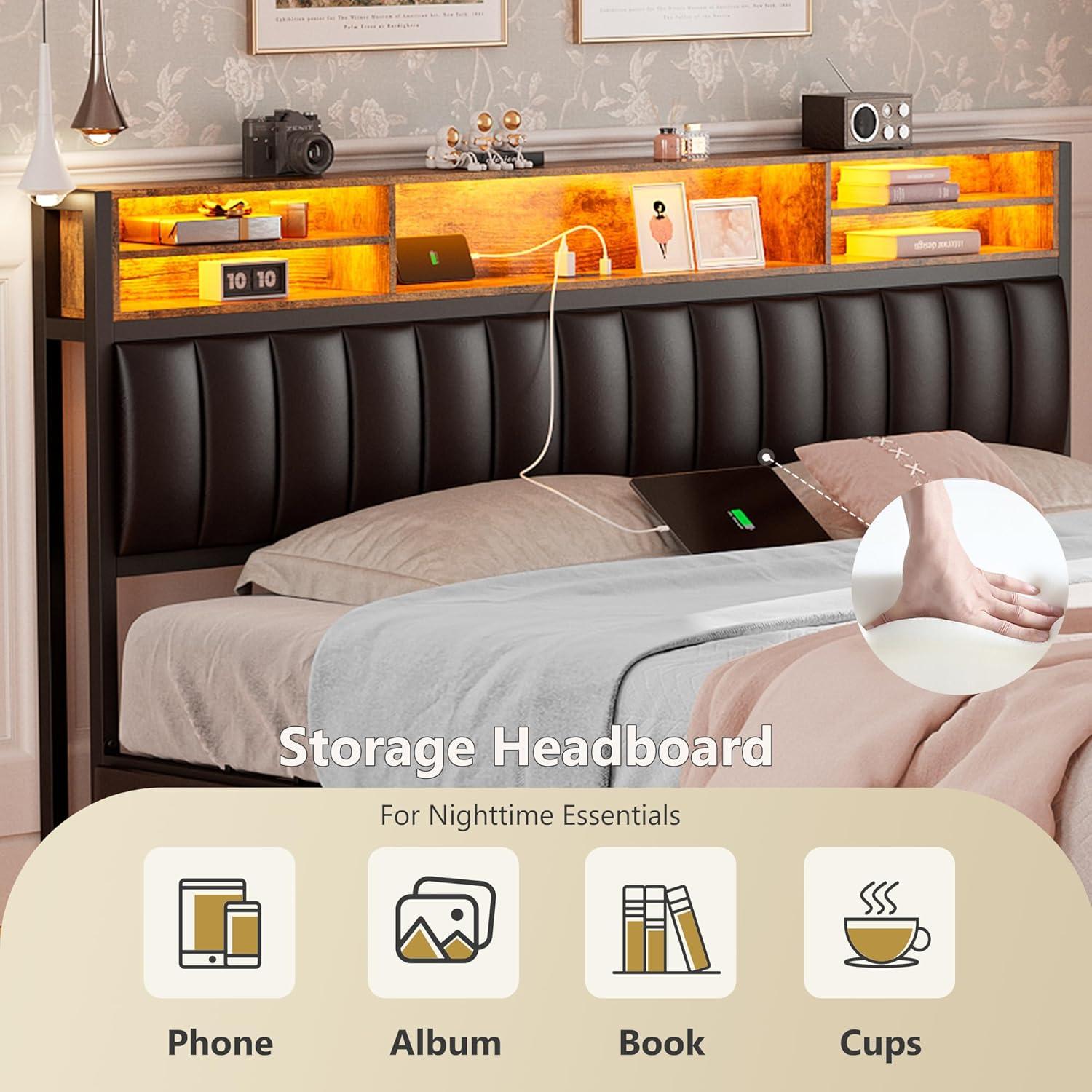 Kanchi Upholstered Metal Platform LED Bed Frame with 4 Storage Drawers and Bookcase Headboard, Black