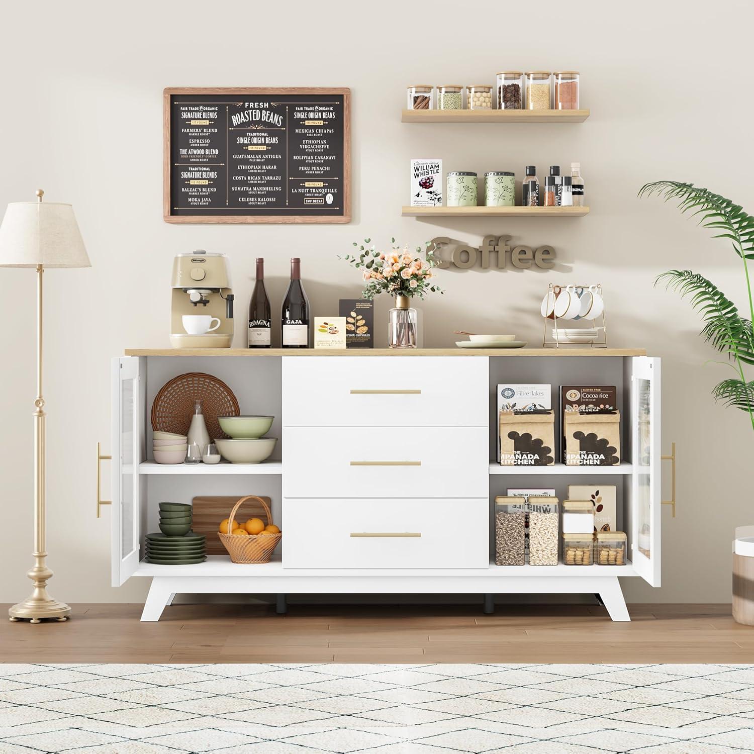 56" White Sideboard Buffet Cabinet with Natural Top and Fluted Glass Doors