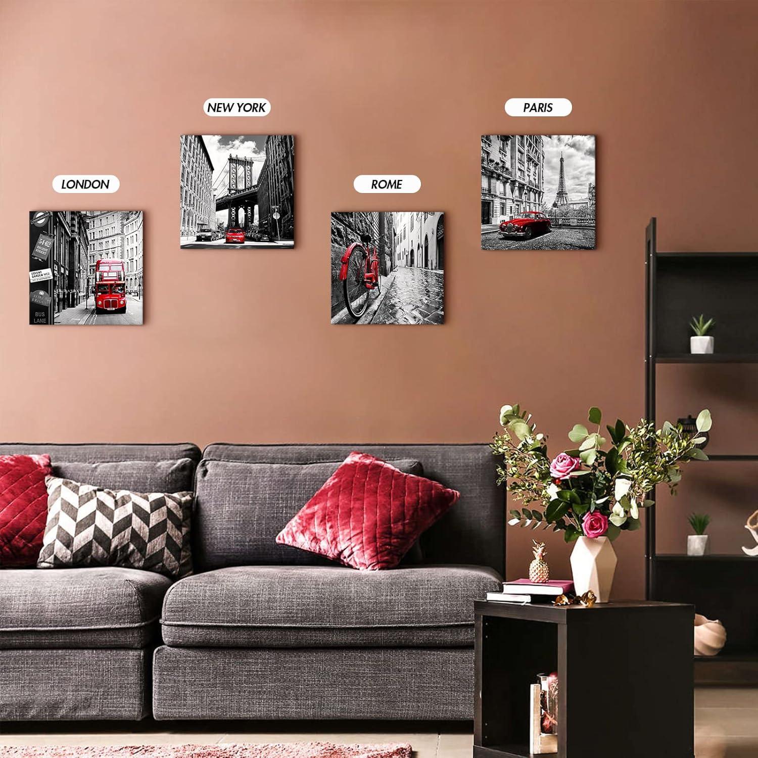 Black and White Wall Decor City Framed Canvas Wall Art for Living Room Red New York London Italy Paris Pictures Cityscape Modern Artworks Bedroom Bathroom Office Kitchen Home Decorations 16×16" 4 Pcs