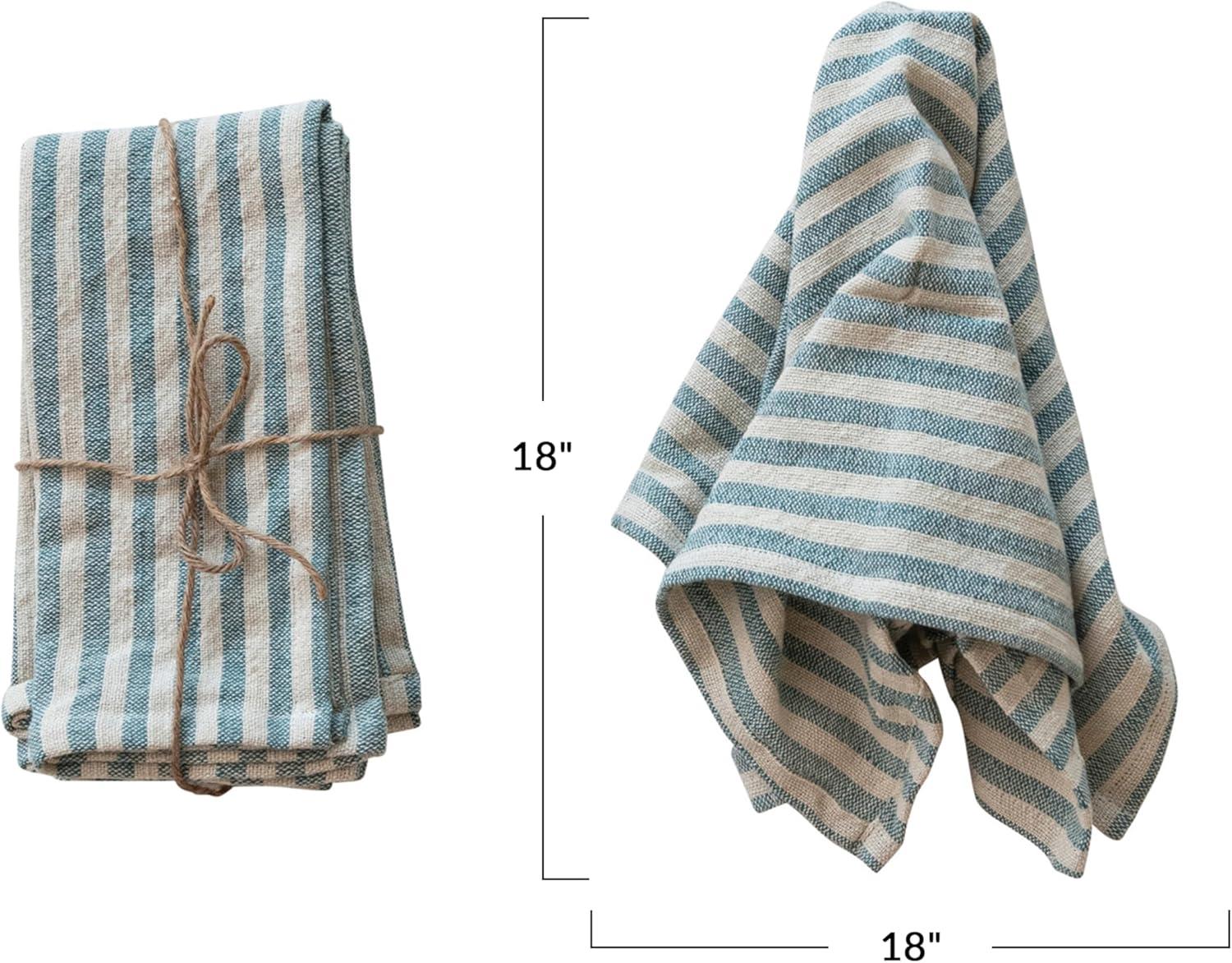 Blue and Natural Striped Cotton Napkins with Ruffle, Set of 4