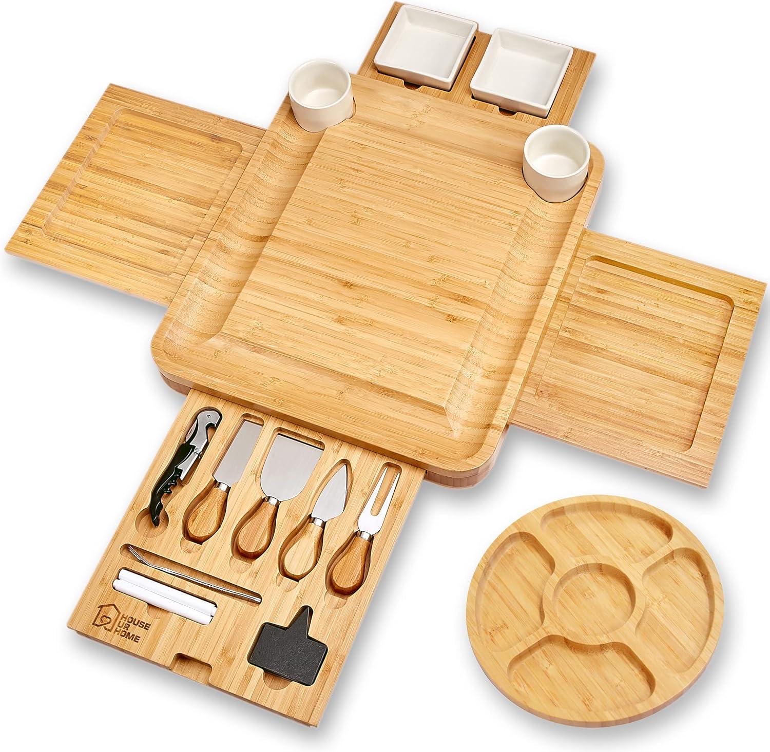 Large Charcuterie Board Set - Bonus Recipe Book - 2 Ceramic Bowls & Plates, 4 Magnetic Drawers Bamboo Cheese Knife Set, Round Tray - Christmas & Housewarming Gifts