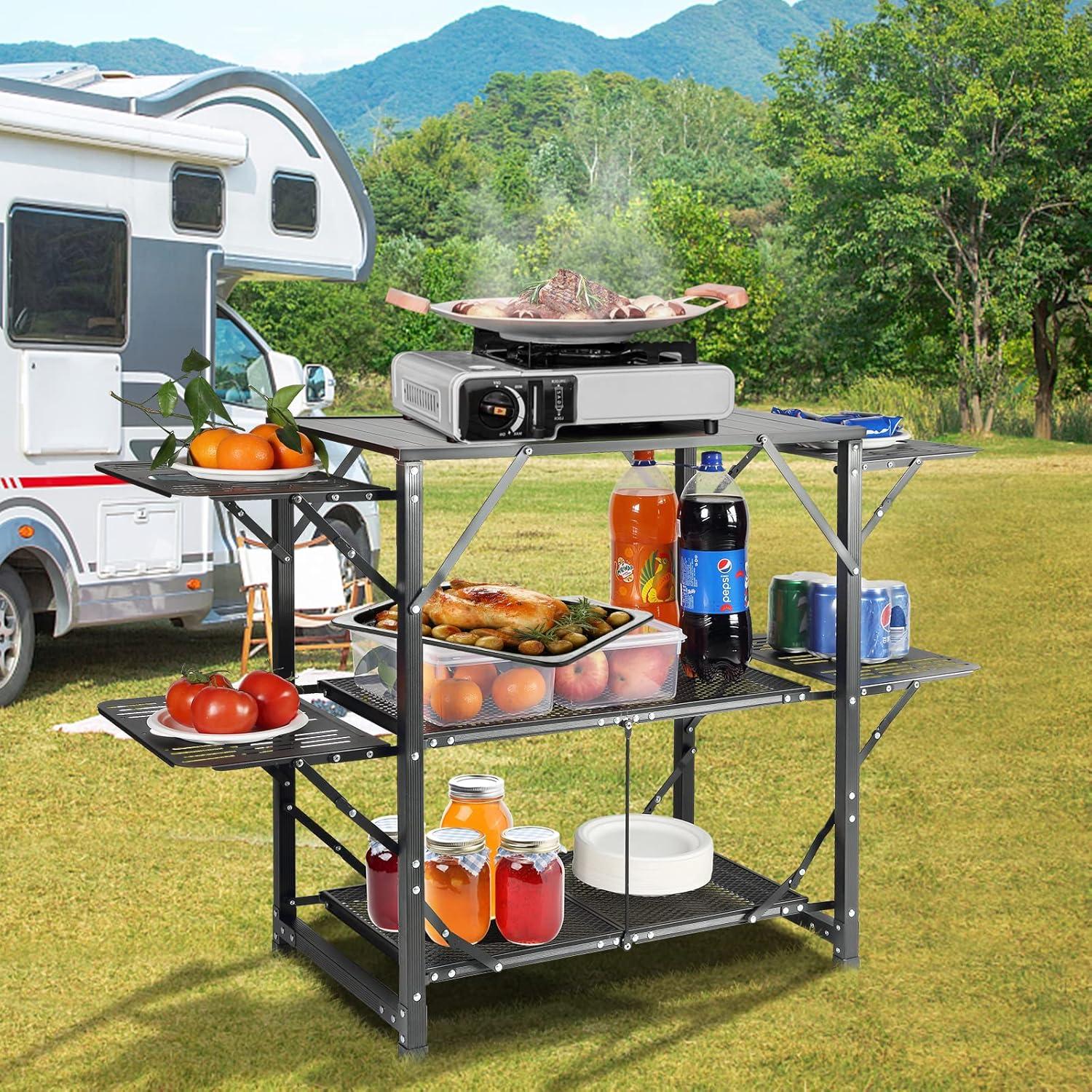 Black Aluminum Folding Camping Kitchen Table with Shelves and Carry Bag