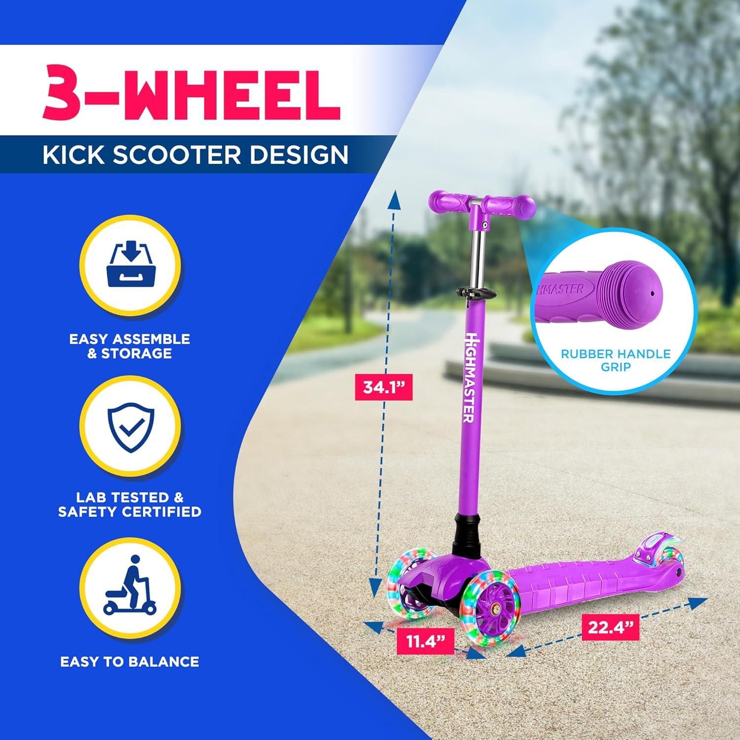 Highmaster 3-Wheel Toddler Scooter for 2 to 8 Year Old boy - 3 Wheeled Kids Scooter with Light Up Wheels, Safe and Fun Ride for Kids - Purple