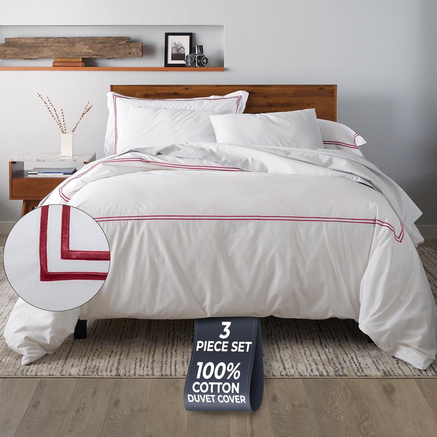 Ella Jayne 100% Cotton Percale 3 Piece Duvet Set, Full/Queen, White with Garnet Red Satin Stitching