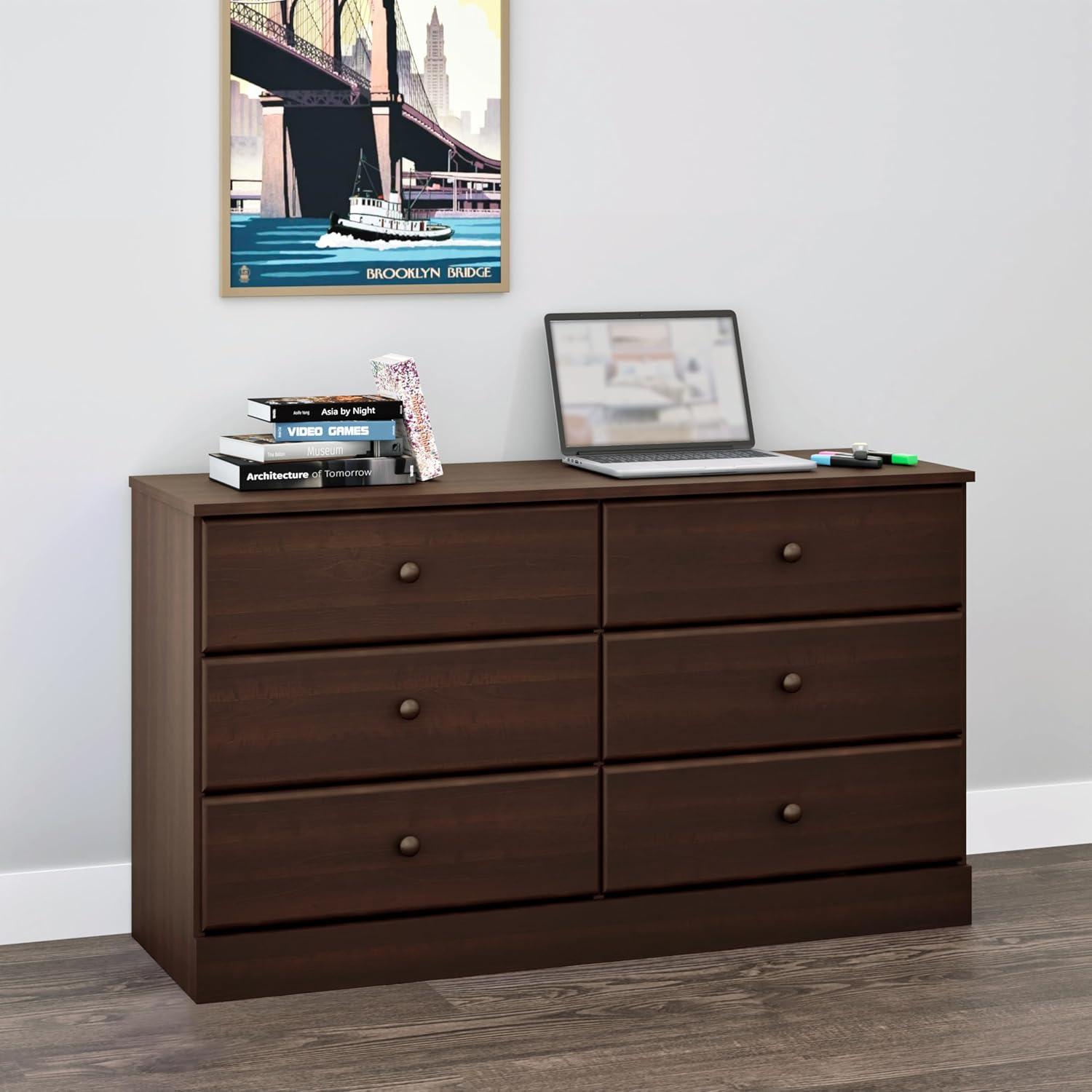 Prepac Astrid Dresser Espresso: Wood Composite Frame, 6-Drawer Storage for Bedroom, 28.25" High