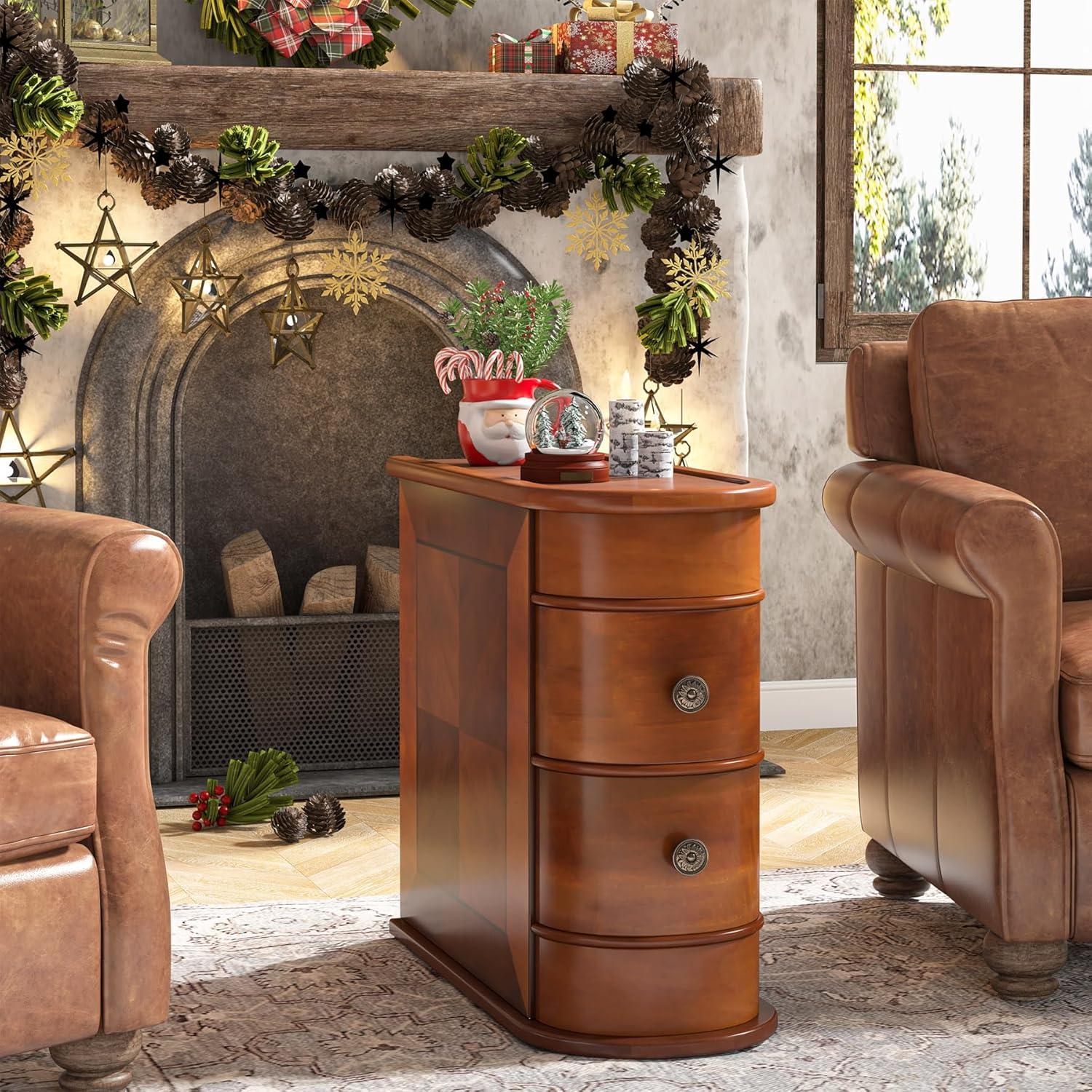 Vintage Brown Solid Wood 2-Drawer Narrow End Table Set