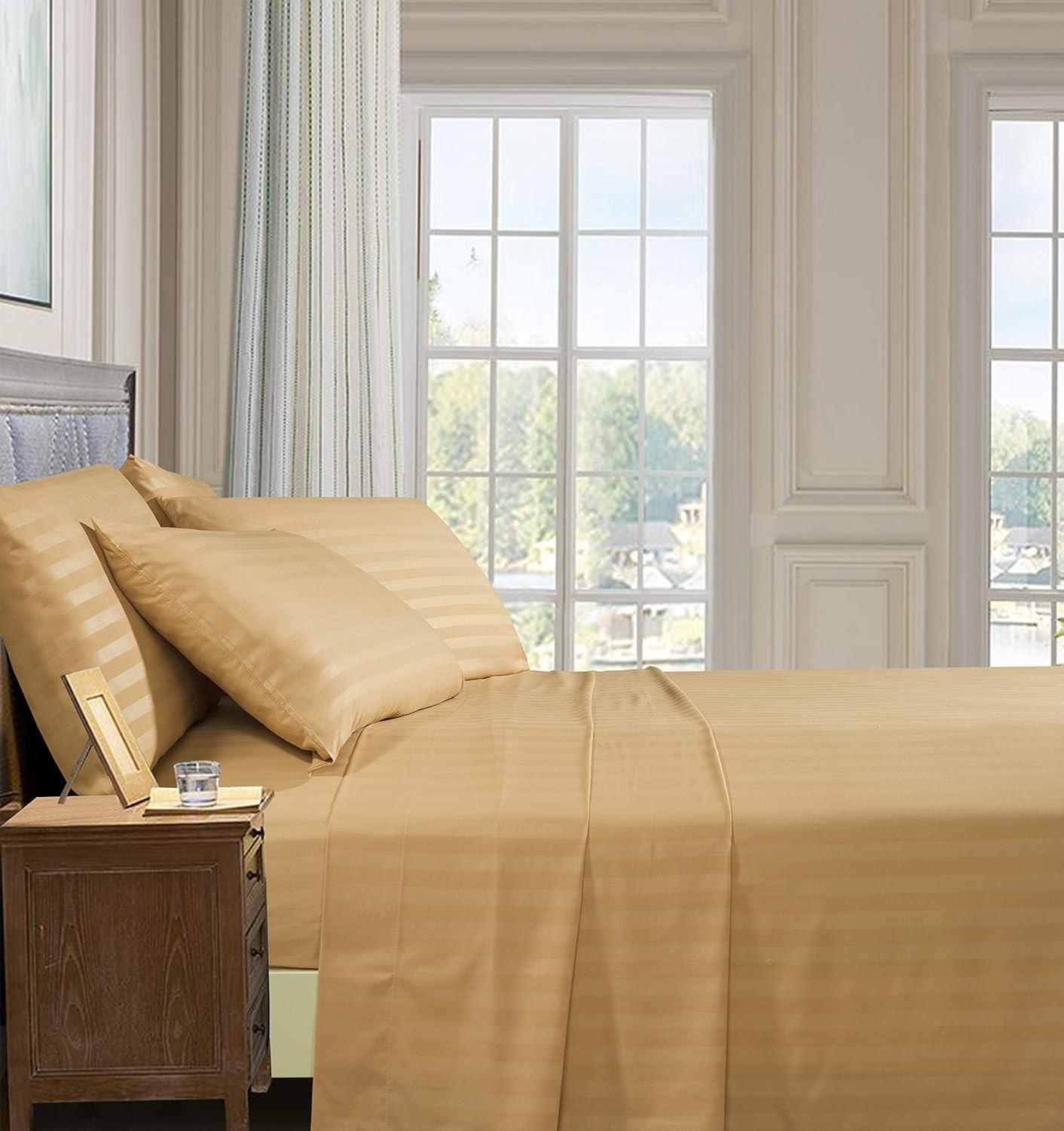 1500 Series 6-Piece DAMASK STRIPE Bed Sheet Set, King Camel/Gold