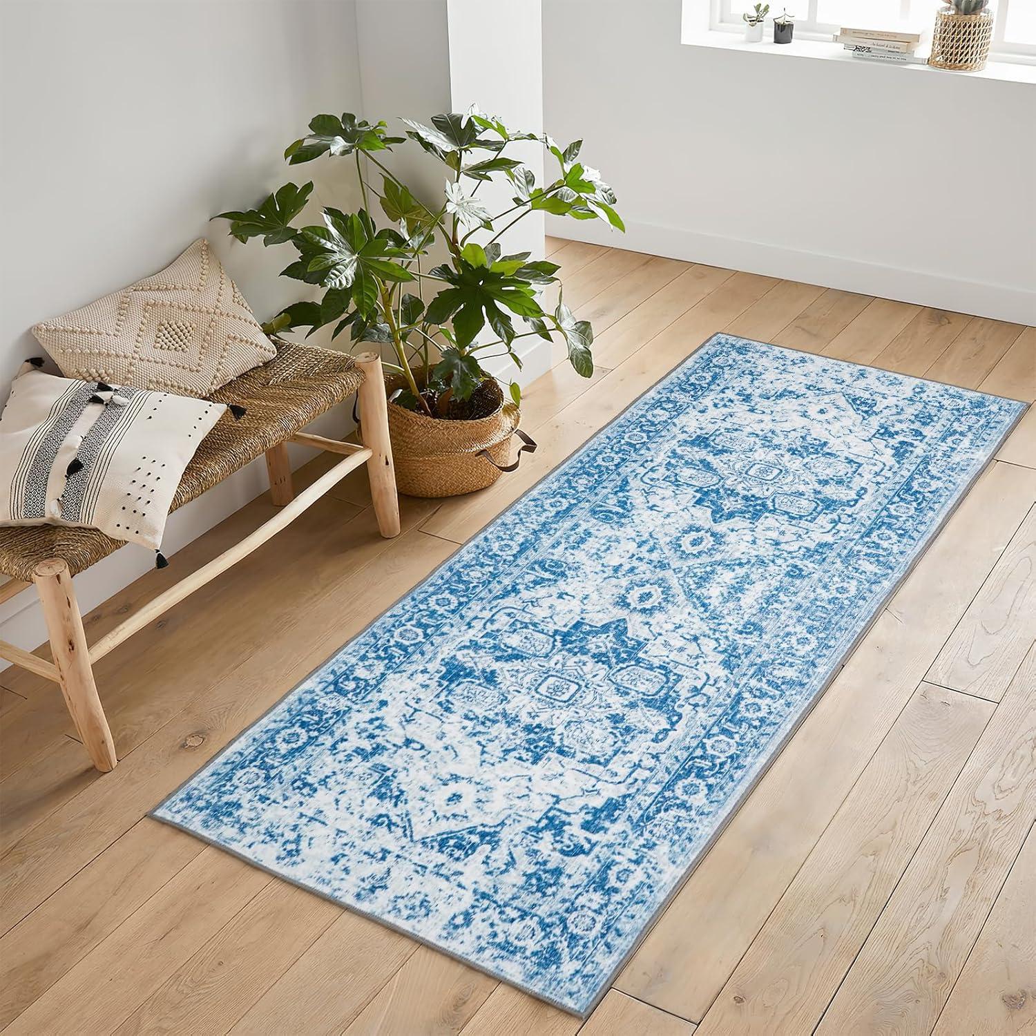 WhizMax 2x6 Vintage Hallway Runner Rug Machine Washable Rug Farmhouse Bedside Persian Distressed Rug Soft Foldable Thin Rug for Laundry, Blue/Grey