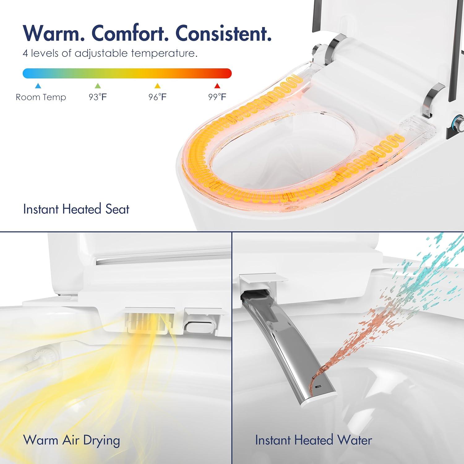 Elongated Smart Bidet Toilet with Heated Seat, Sensor-Activated Lid, Auto & Blackout Flush, Night Light (Remote Included)