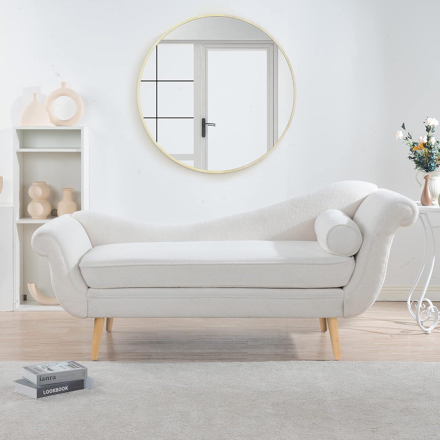 White Velvet Chaise Lounge with Scroll Arms and Birch Legs