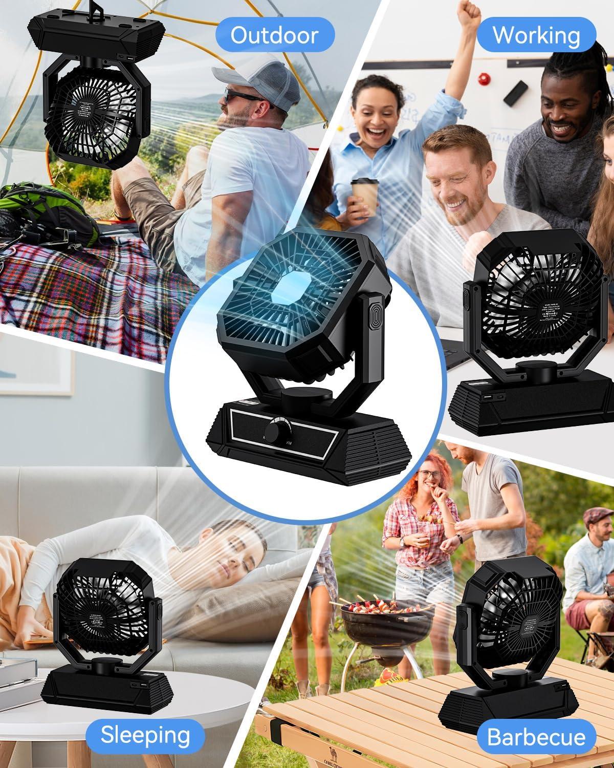 Black Portable Rechargeable Box Fan with LED Lantern