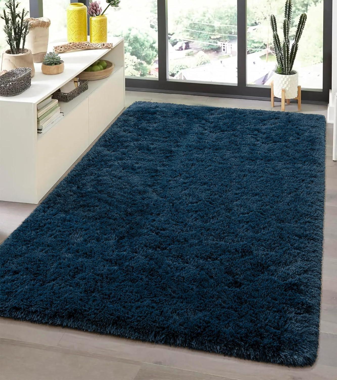 Shag Area Rug For Living Room, 4X6 Feet Navy Blue Soft Fluffy Indoor Plush Throw Rugs For Bedroom Girls Kids Room Nursery Dorm Home Decor Carpet