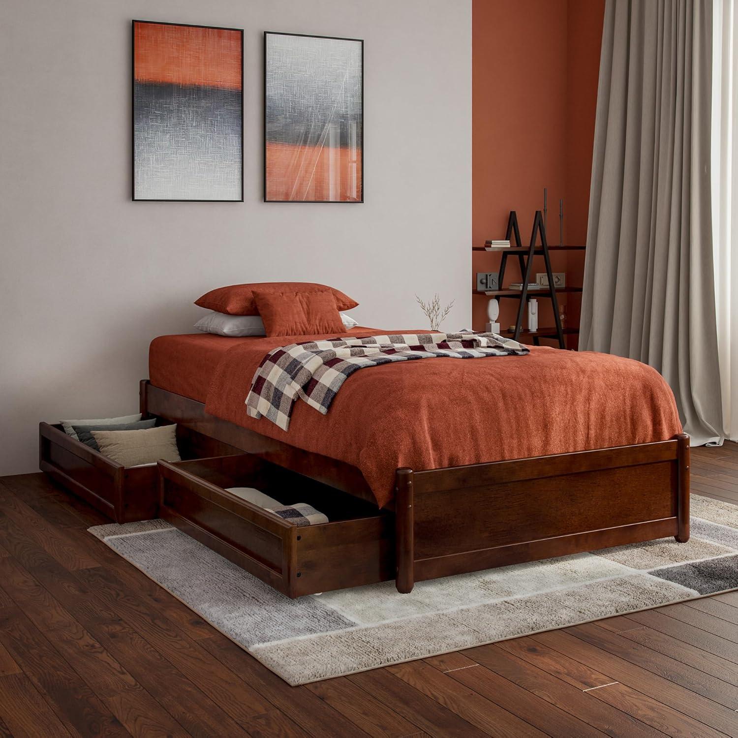 Barcelona Full Solid Wood Panel Platform Bed with Storage Drawers in Walnut