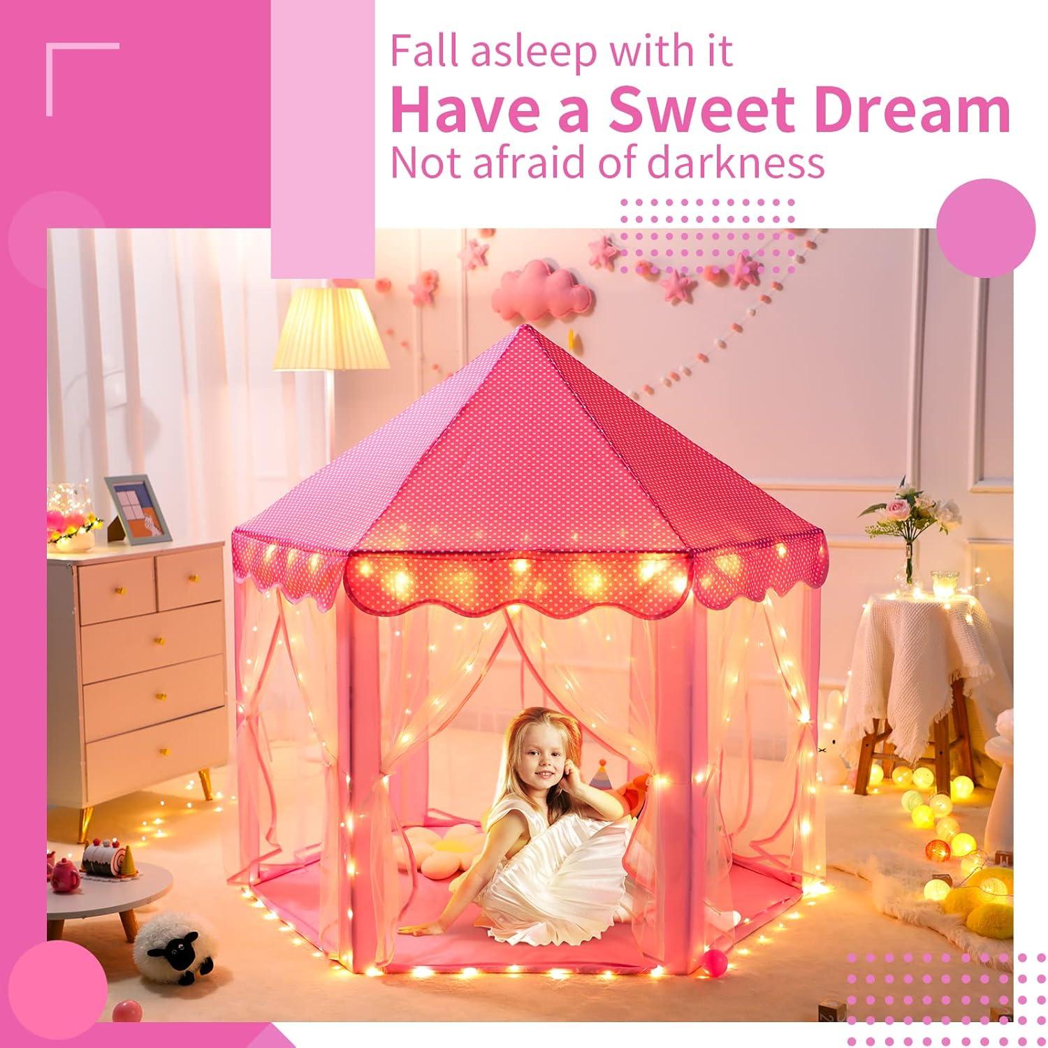 Pink Hexagon Princess Castle Tent with Fairy Star Lights