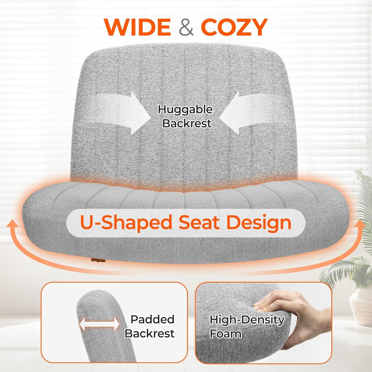 Orange Factory Criss Cross Chair with Wheels, Armless Cross Legged Office Desk Chair, Wide Comfy Vanity Rolling Swivel Modern Comfortable Fabric Computer Task Chairs for Home Office (Grey)