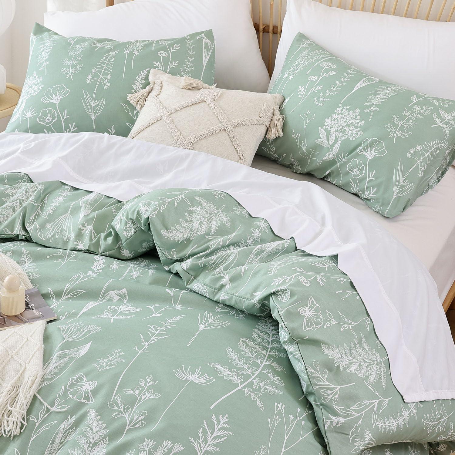 2 Pcs Floral Printed Reversible Sage Green Comforter Set Twin/Twin XL Size Soft Designed Plants Pattern Bedding Set - Bedsure