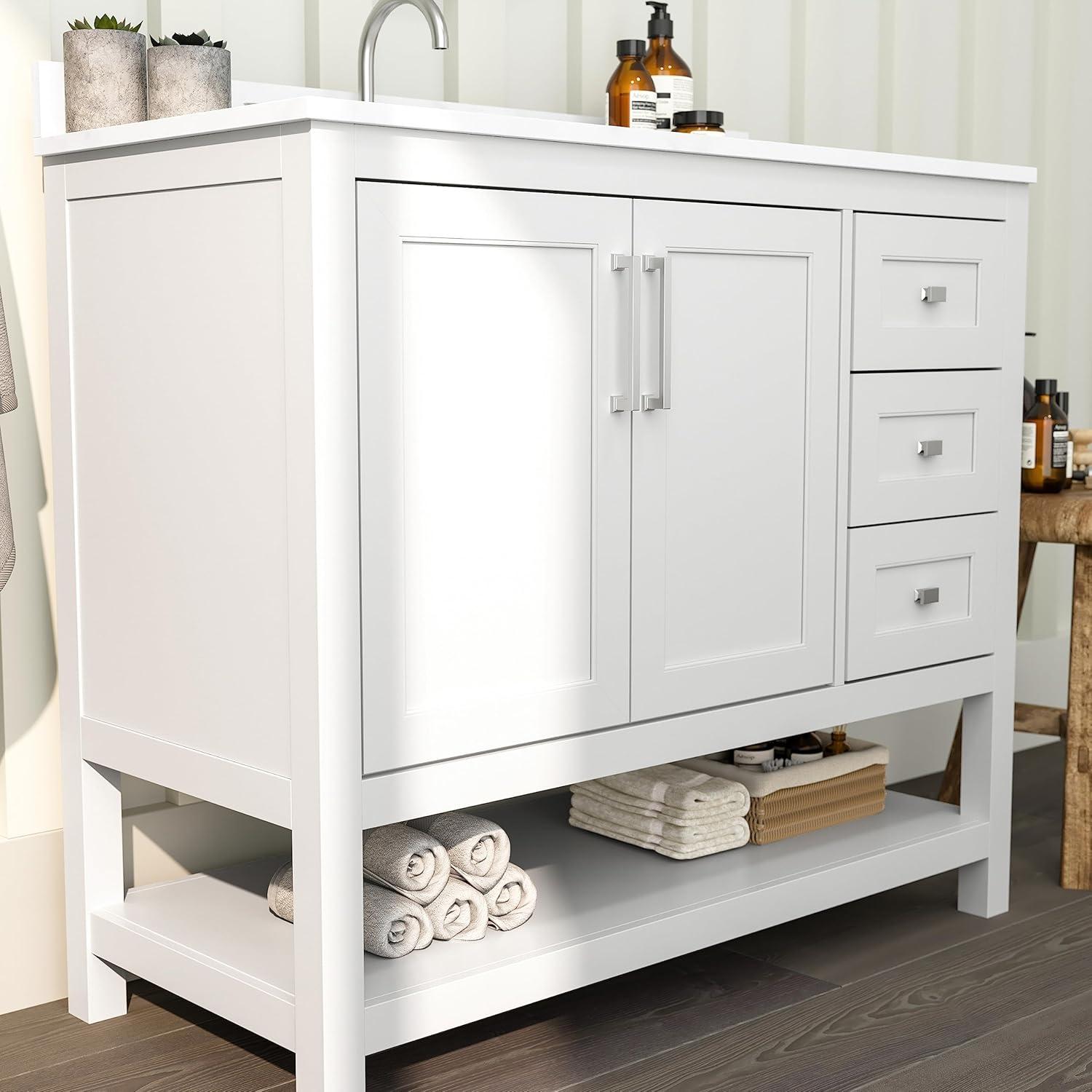 Merrick Lane Bathroom Vanity with Ceramic Sink, Carrara Marble Finish Countertop, Storage Cabinet with Soft Close Doors, Open Shelf and 3 Drawers