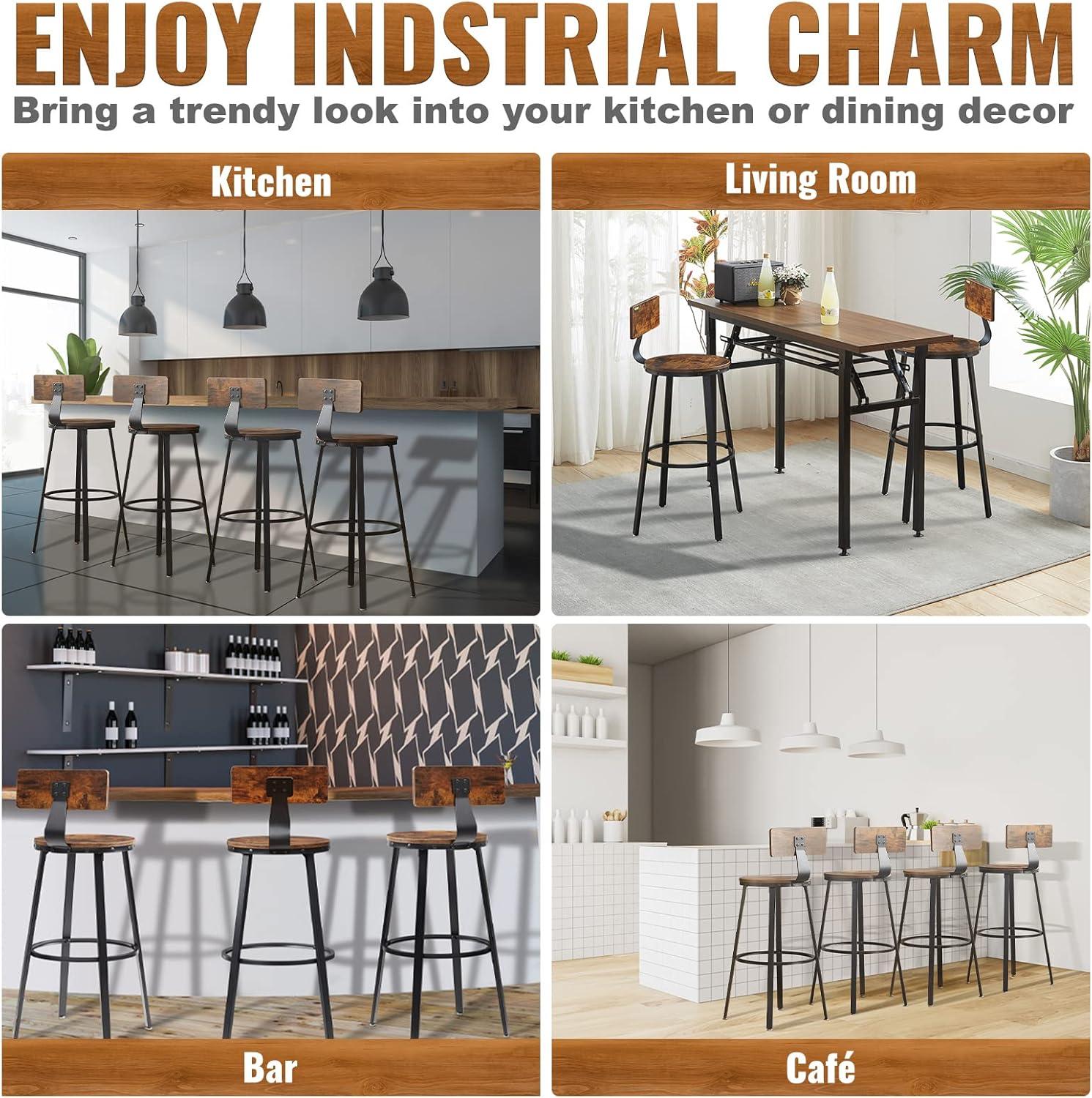 VEVOR Rustic Bar Stools, 25.6” Tall Rectangle Seat, Set of 2 Bar Chairs with Footrest Steel Frame Adjustable Feet, Wooden Industrial Kitchen Stool for Kitchen Dining Living Room, Rustic Brown