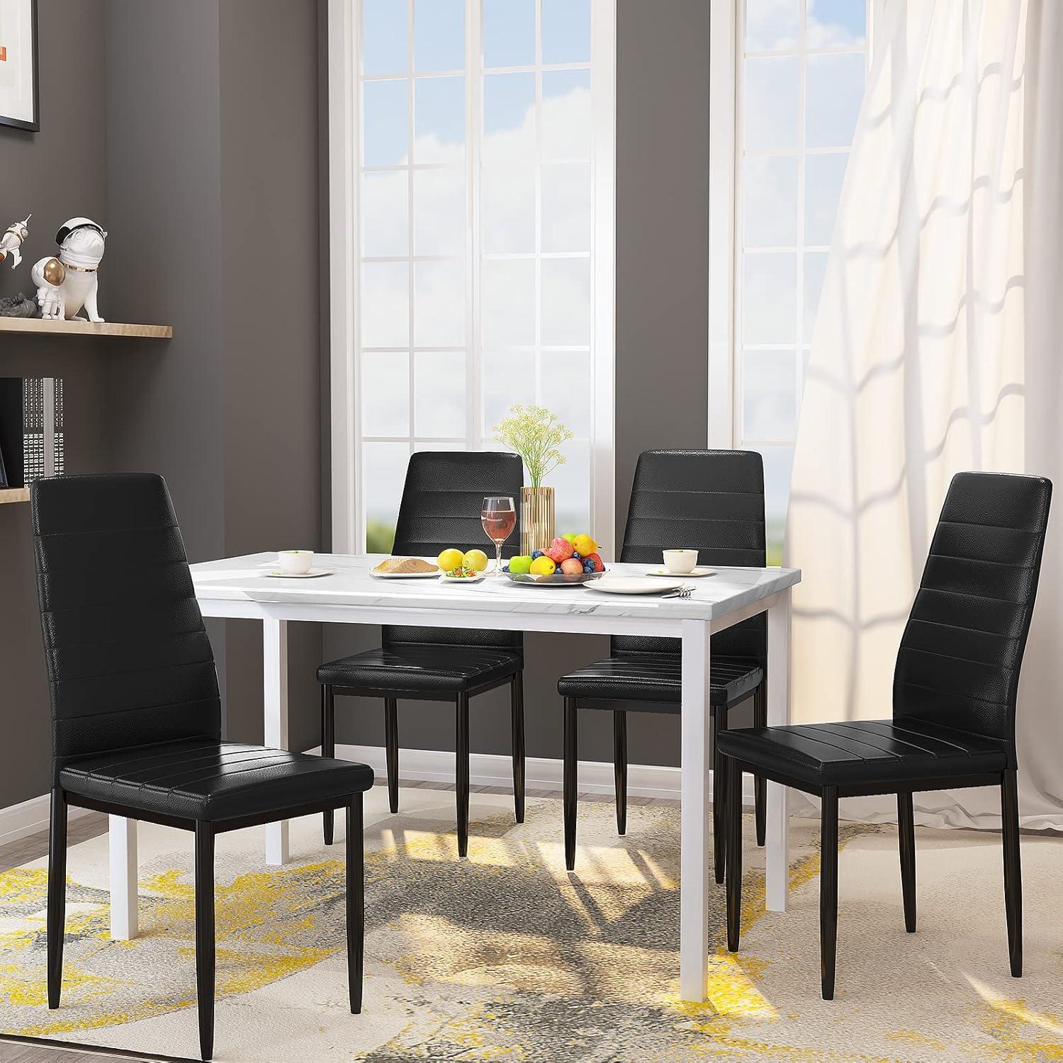 White Faux Marble Top Dining Table Set with Upholstered Chairs