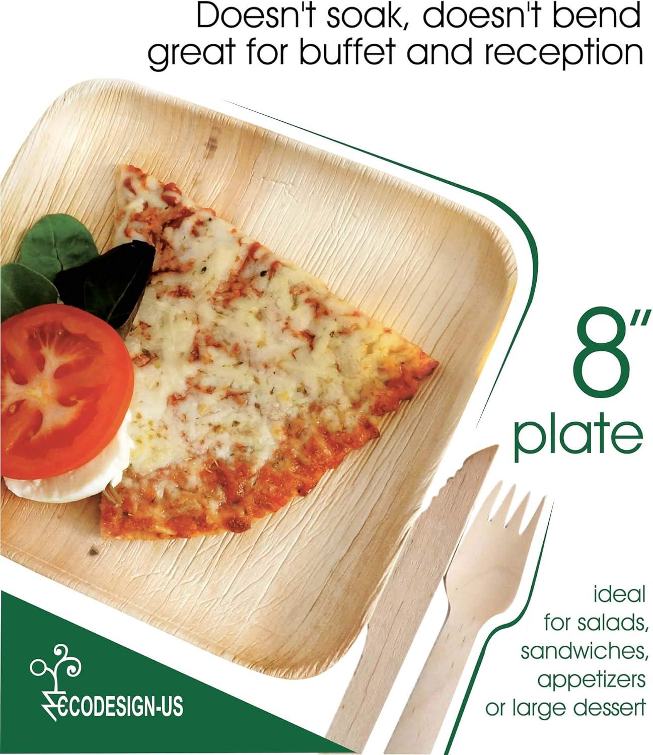 50 Disposable 8" Square Palm Leaf Plates, 50 Wood Forks, 50 Wood Knives - Party Pack of Eco-Friendly Dinnerware
