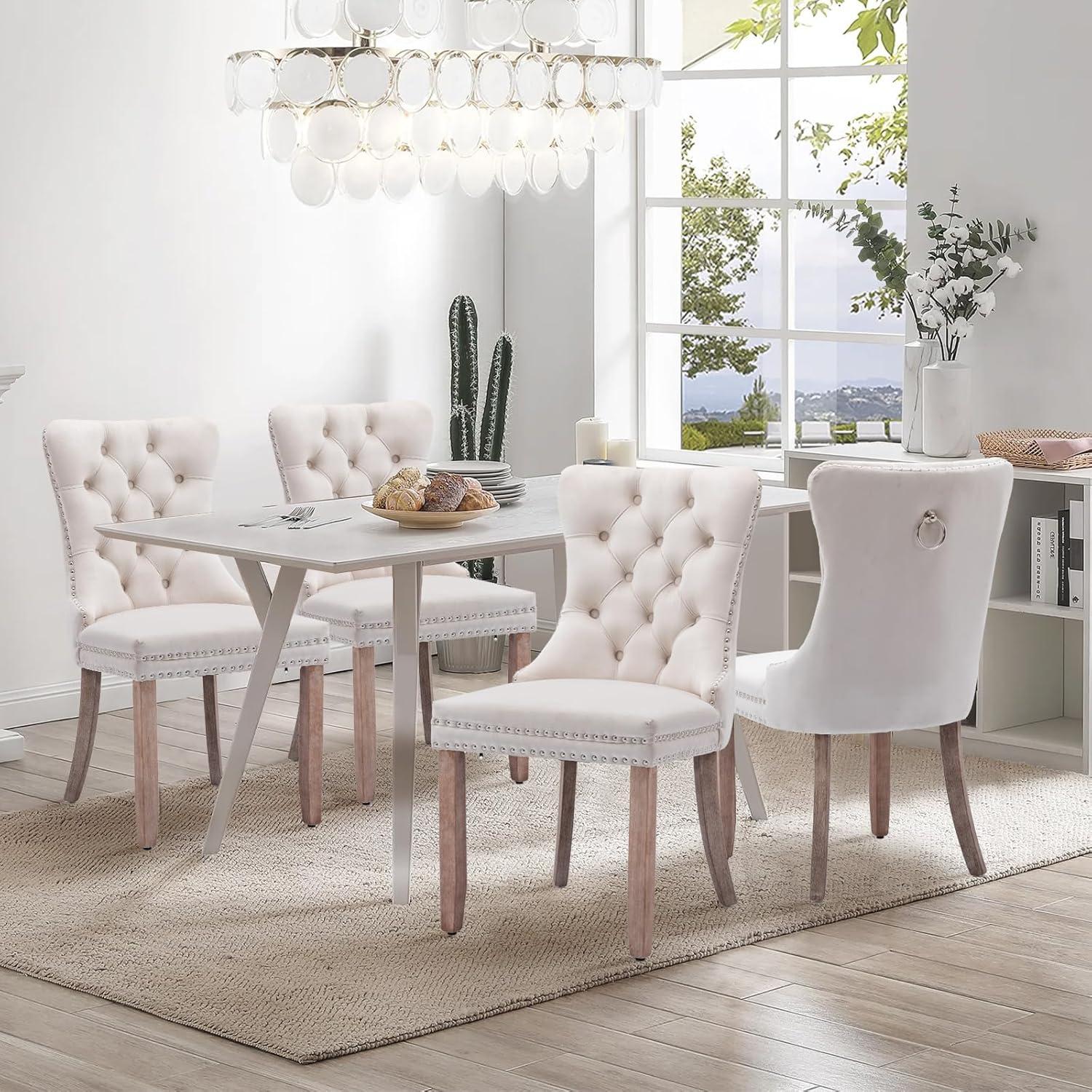 SoarFlash Velvet Dining Chairs Set of 4, Tall Back Side Chair, Modern Upholstered High-end Tufted Side Chair with Button Back Ring, Solid Wood Legs (Beige)