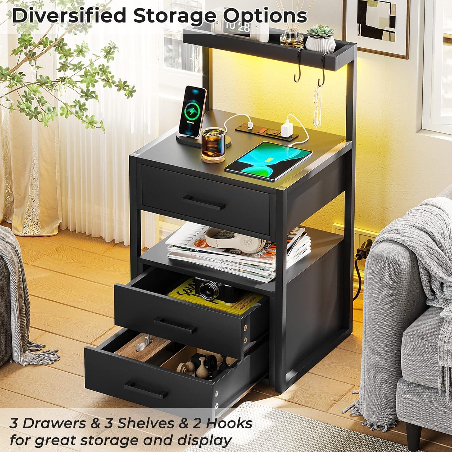 Afuhokles Led Nightstand with Charging Station,2 Drawers Night Stands with Led Lights, Black Bedside Tables with Storage Shelves