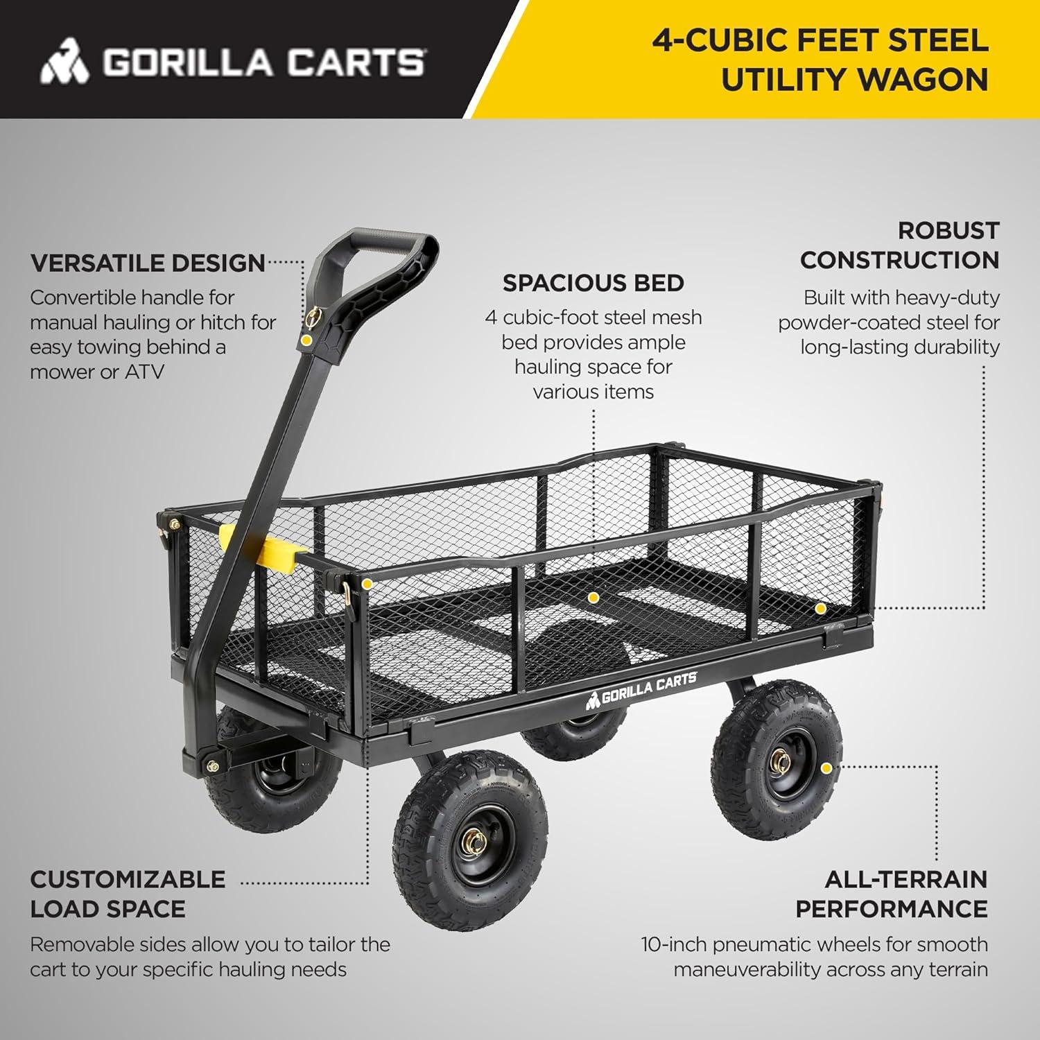 Gorilla Carts Steel Utility Cart, 4 Cubic Feet Heavy Duty Garden Wagon Outdoor Moving Cart with Wheels, 900 Pound Capacity, Removable Sides, Gray