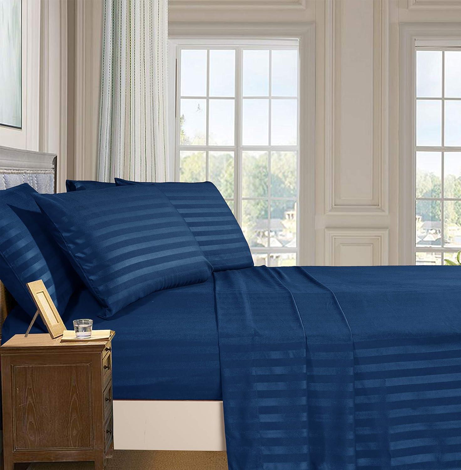 King Navy Blue Egyptian Cotton Damask Stripe Bed Sheet Set