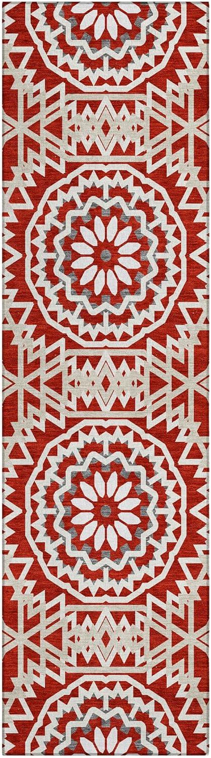 Red and White Synthetic Flat Woven Runner Rug