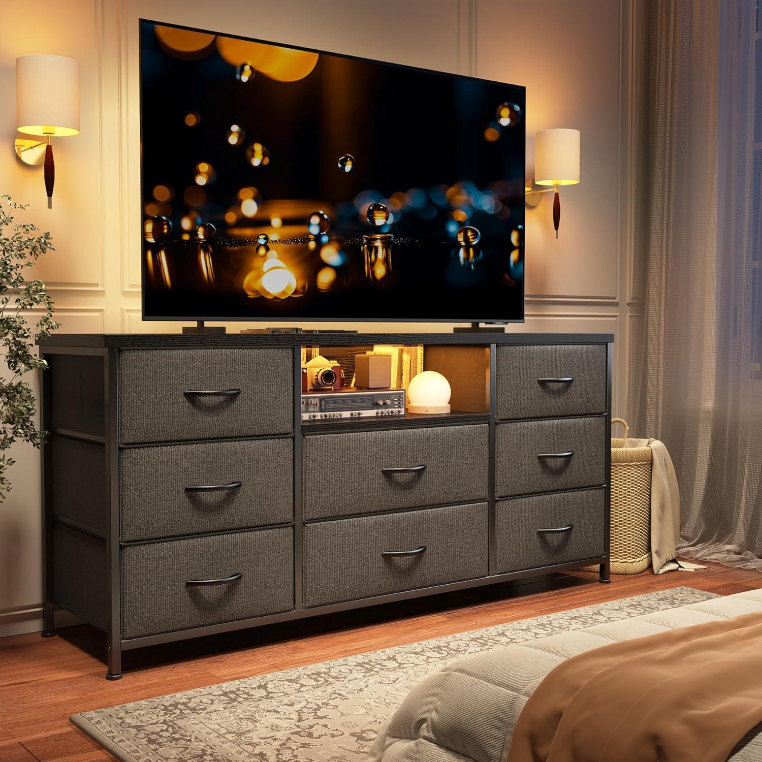 Gray 8-Drawer TV Stand with LED Lights and Power Outlets