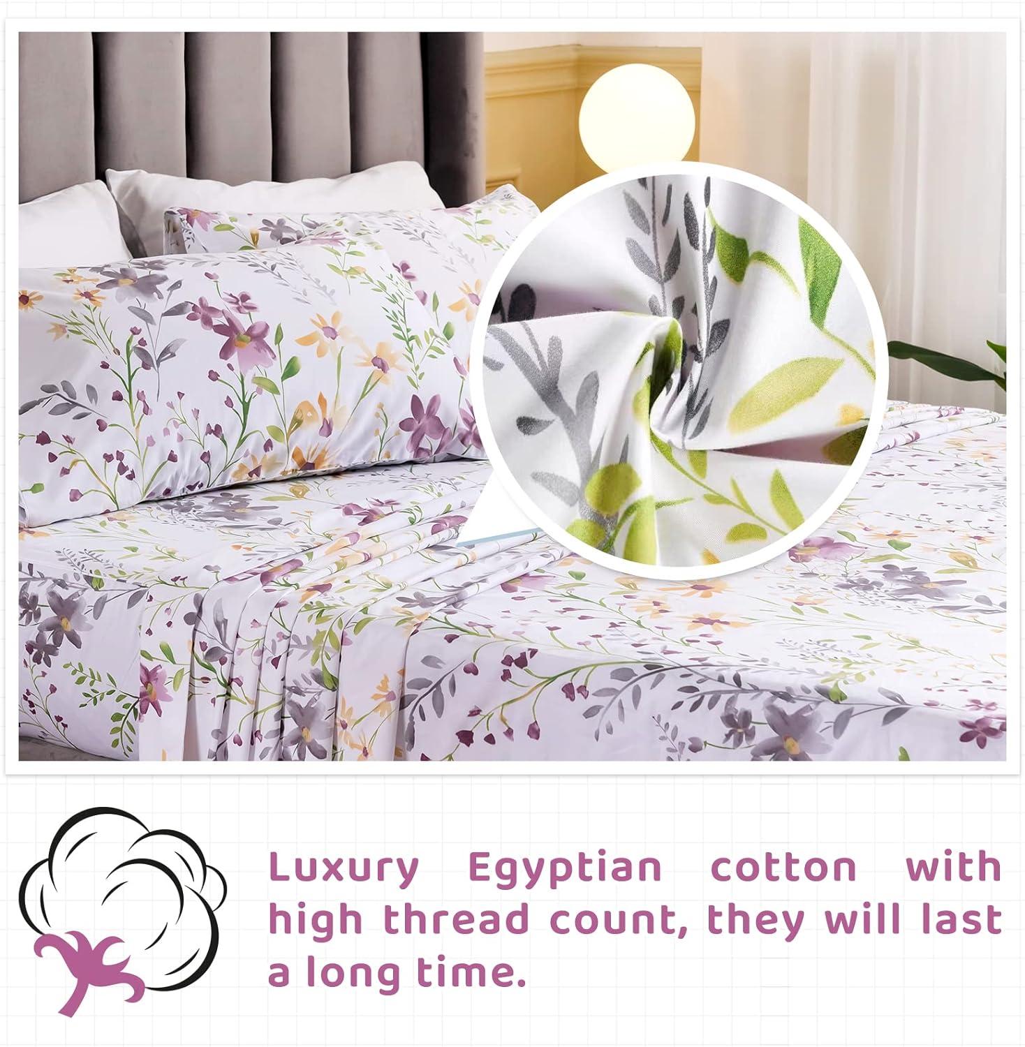 QSH Floral Queen Size Sheet Sets - Yellow Wild Flower Botanical Pattern Egyptian Cotton Printed Bedding Sheets Set Queen Size Bed Extra Breathable 4pcs Queen Sheet Set Deep Pocket 17.5"