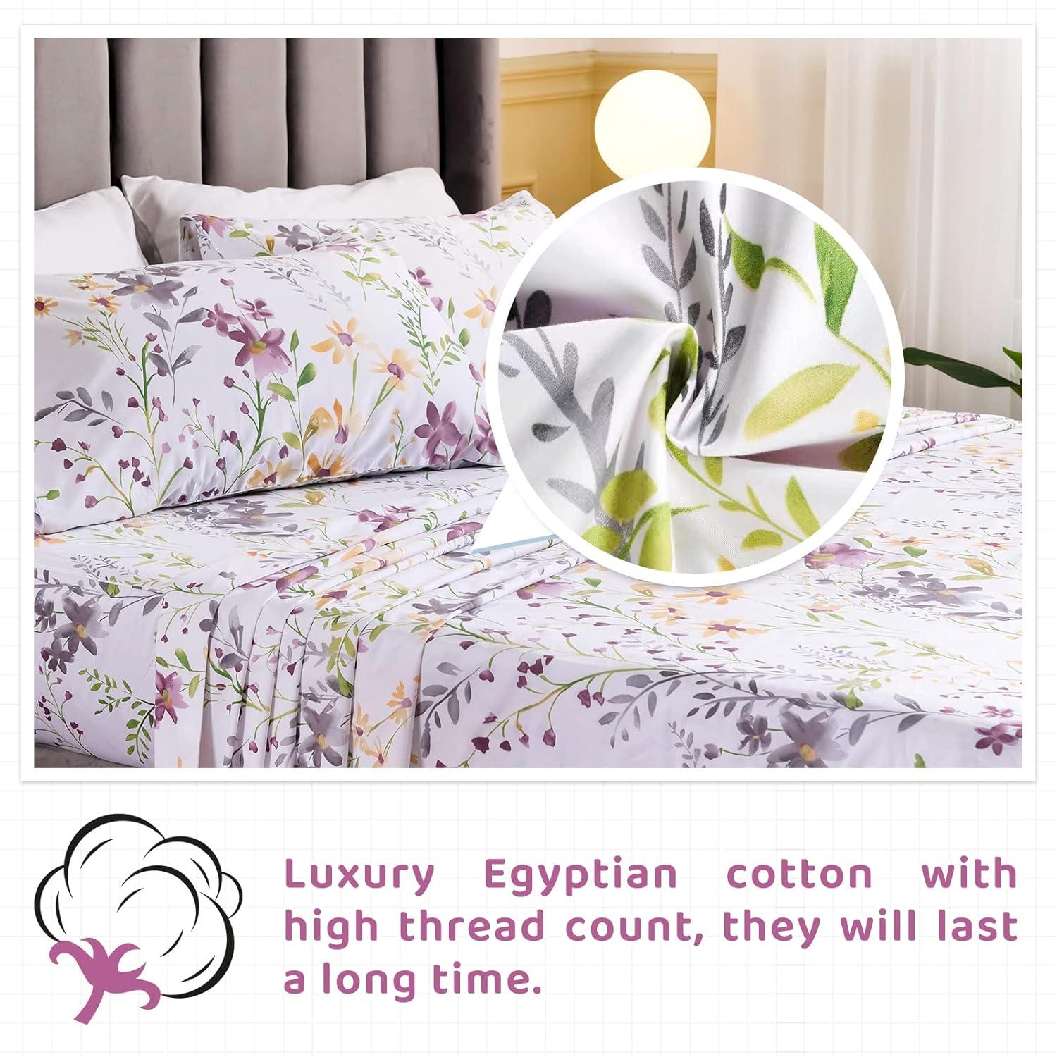 QSH Floral Queen Size Sheet Sets - Yellow Wild Flower Botanical Pattern Egyptian Cotton Printed Bedding Sheets Set Queen Size Bed Extra Breathable 4pcs Queen Sheet Set Deep Pocket 17.5"