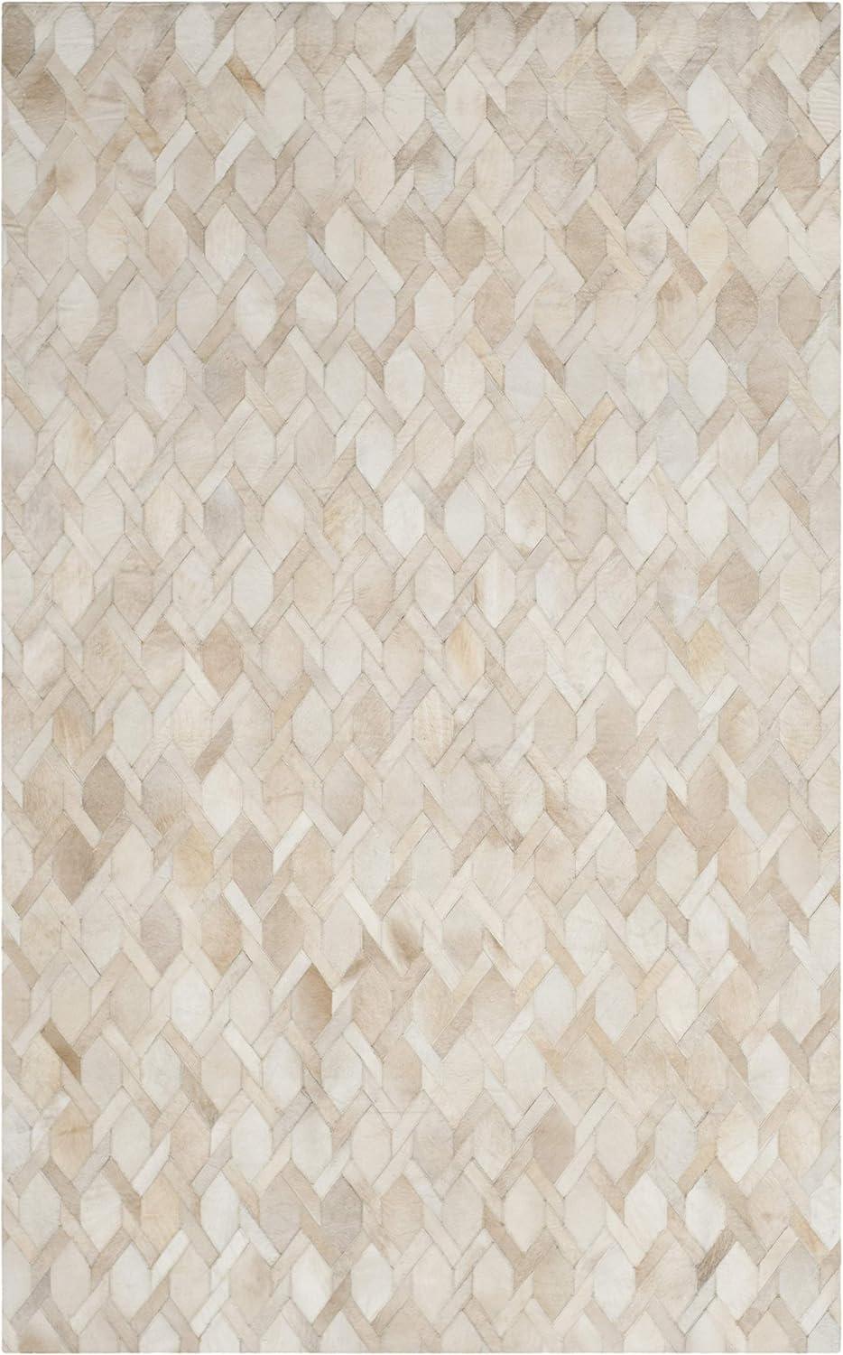 Ivory Geometric Handmade Wool and Cowhide Area Rug