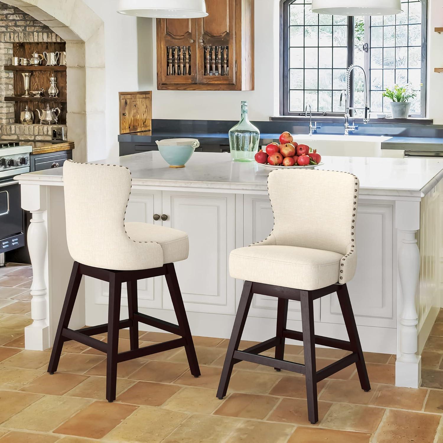 Counter Height Bar Stools, 26" H Swivel Bar Stool with Back, Linen Fabric Counter Stool, Solid Wood Legs, Retro Upholstered Barstools for Kitchen Island, Home Bar, Pub, Beige