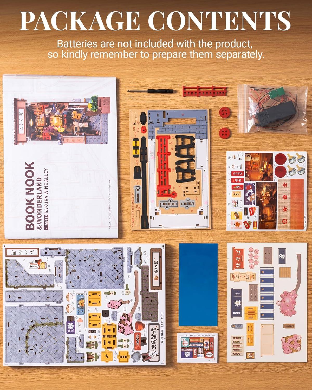 Rolife Book Nook 3D Jigsaw Puzzle Sakura Wine Alley Wooden Model Building Kit Decorative Bookend Stand DIY Bookshelf Insert Decor Gift for Teen Adults