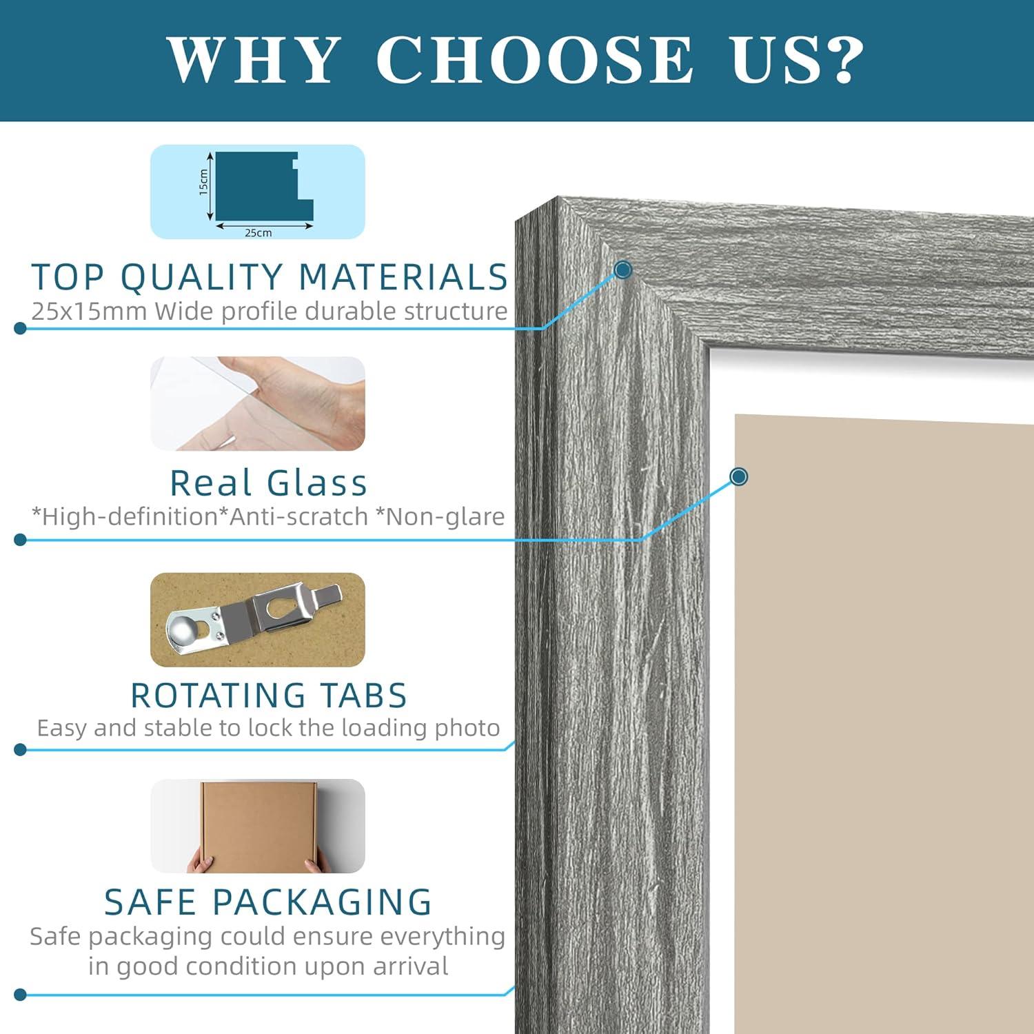 8x10 Picture Frame Set of 4, Made of Real Glass and Grey Wooden Frame, 8 by 10 Photo for Wall or Tabletop - Display Picture 5x7 with Mat or 8x10 Without Mat